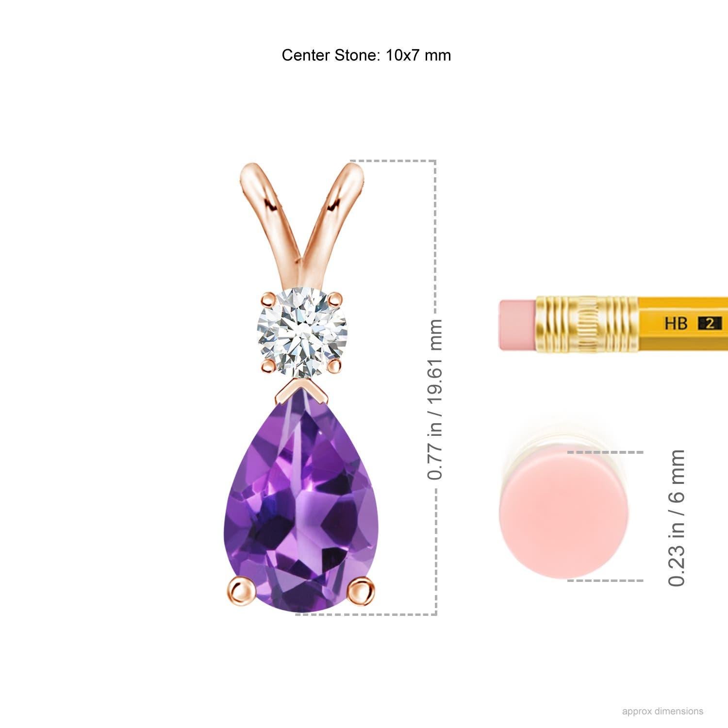 A pear-shaped deep purple amethyst is secured in a prong setting and embellished with a diamond accent on the top. Simple yet stunning, this teardrop amethyst pendant with V bale is sculpted in 14k rose gold.