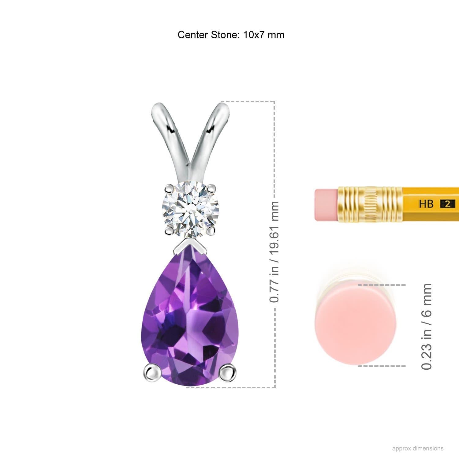 A pear-shaped deep purple amethyst is secured in a prong setting and embellished with a diamond accent on the top. Simple yet stunning, this teardrop amethyst pendant with V bale is sculpted in 14k white gold.