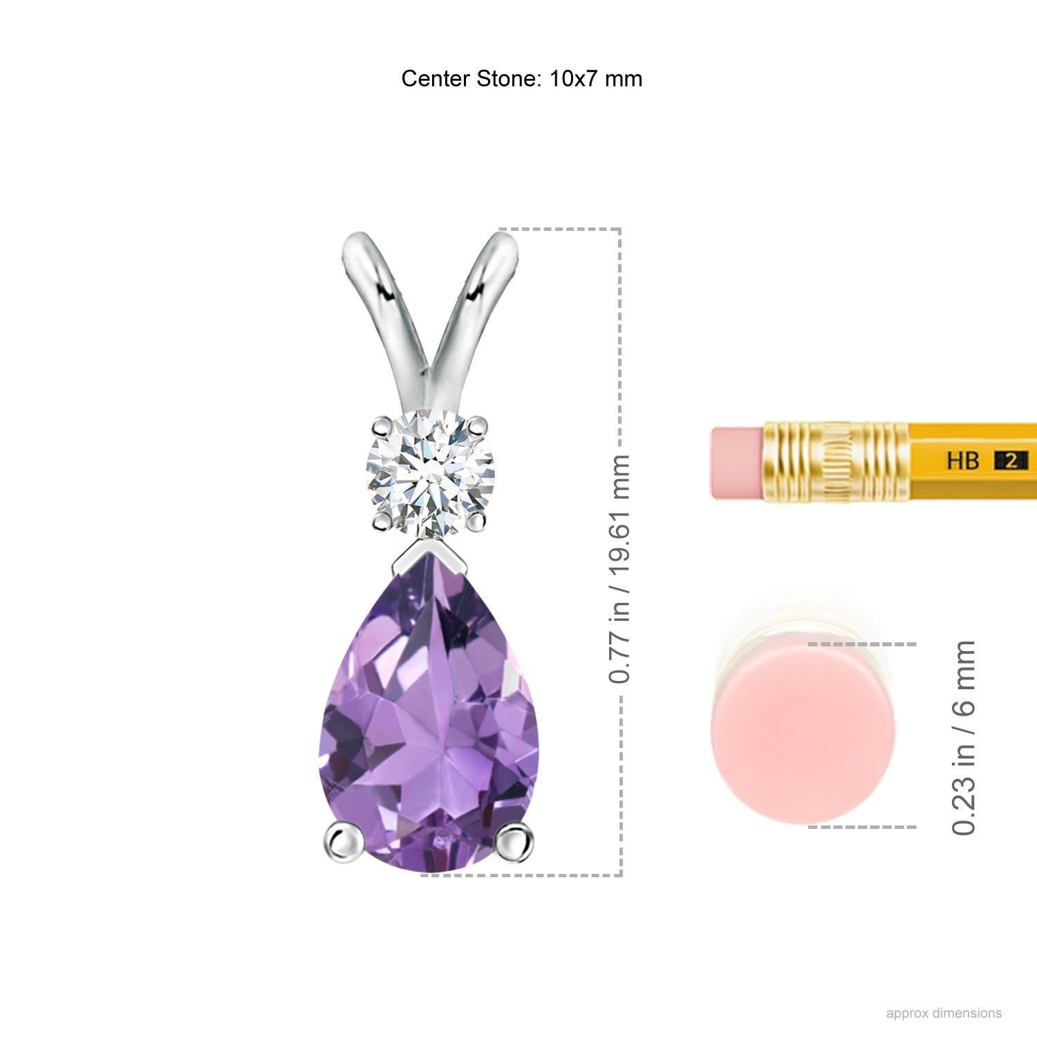 A pear-shaped deep purple amethyst is secured in a prong setting and embellished with a diamond accent on the top. Simple yet stunning, this teardrop amethyst pendant with V bale is sculpted in silver.