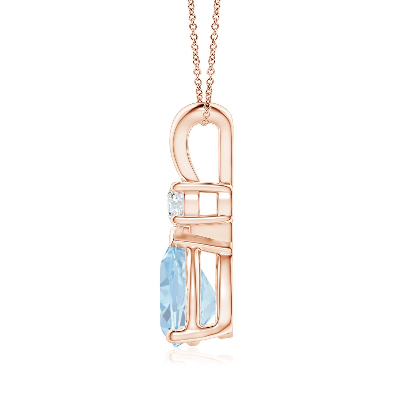 This classic solitaire pendant features a pear-shaped aquamarine secured in a prong setting. A radiant diamond sits atop the pastel blue gemstone adding to the design's sparkle. Crafted in 14k rose gold, this polished v-bale pendant is sure to draw