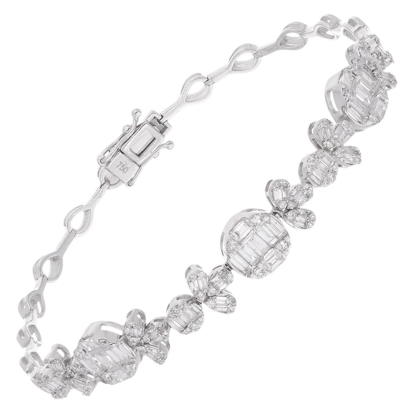 Natural 1.60 Carat Baguette Diamond Charm Bracelet 14 Karat White Gold Jewelry