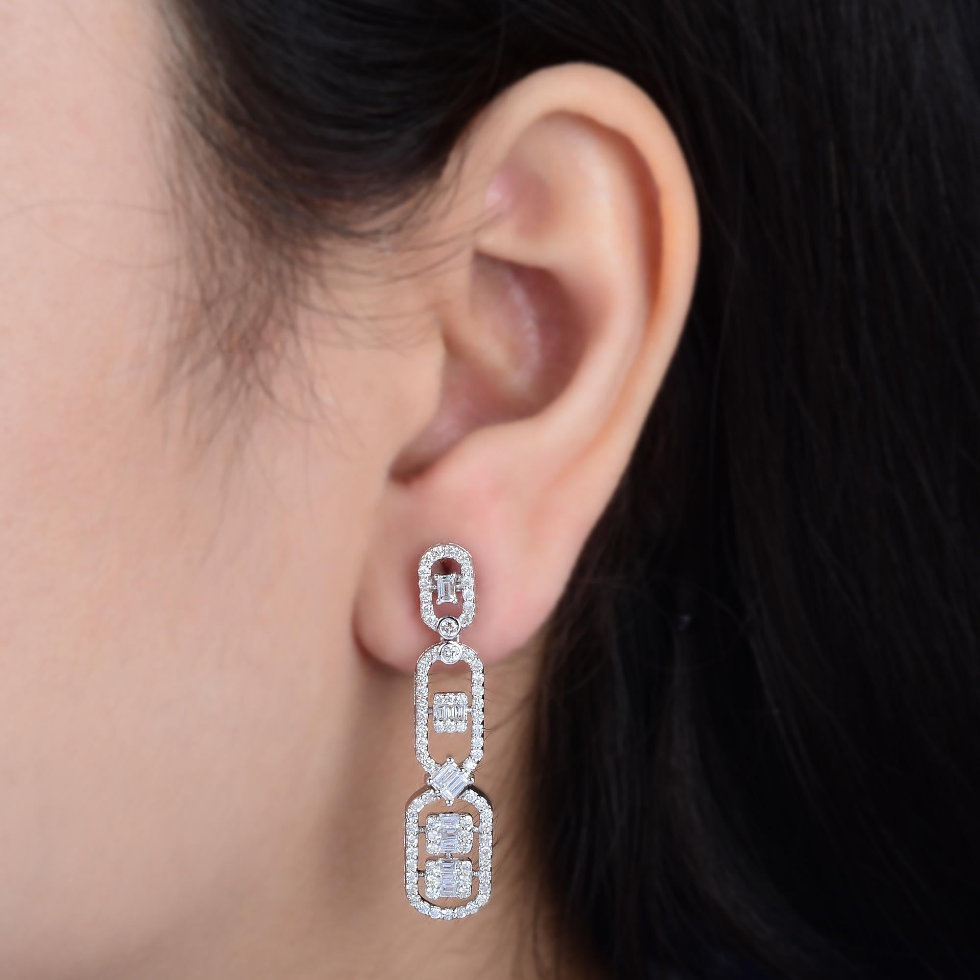Round Cut Natural 1.60 Carat Diamond Pave Dangle Earrings Solid 18k White Gold Jewelry For Sale