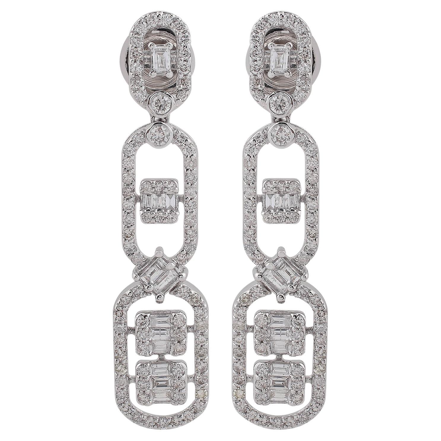 Natural 1.60 Carat Diamond Pave Dangle Earrings Solid 18k White Gold Jewelry For Sale