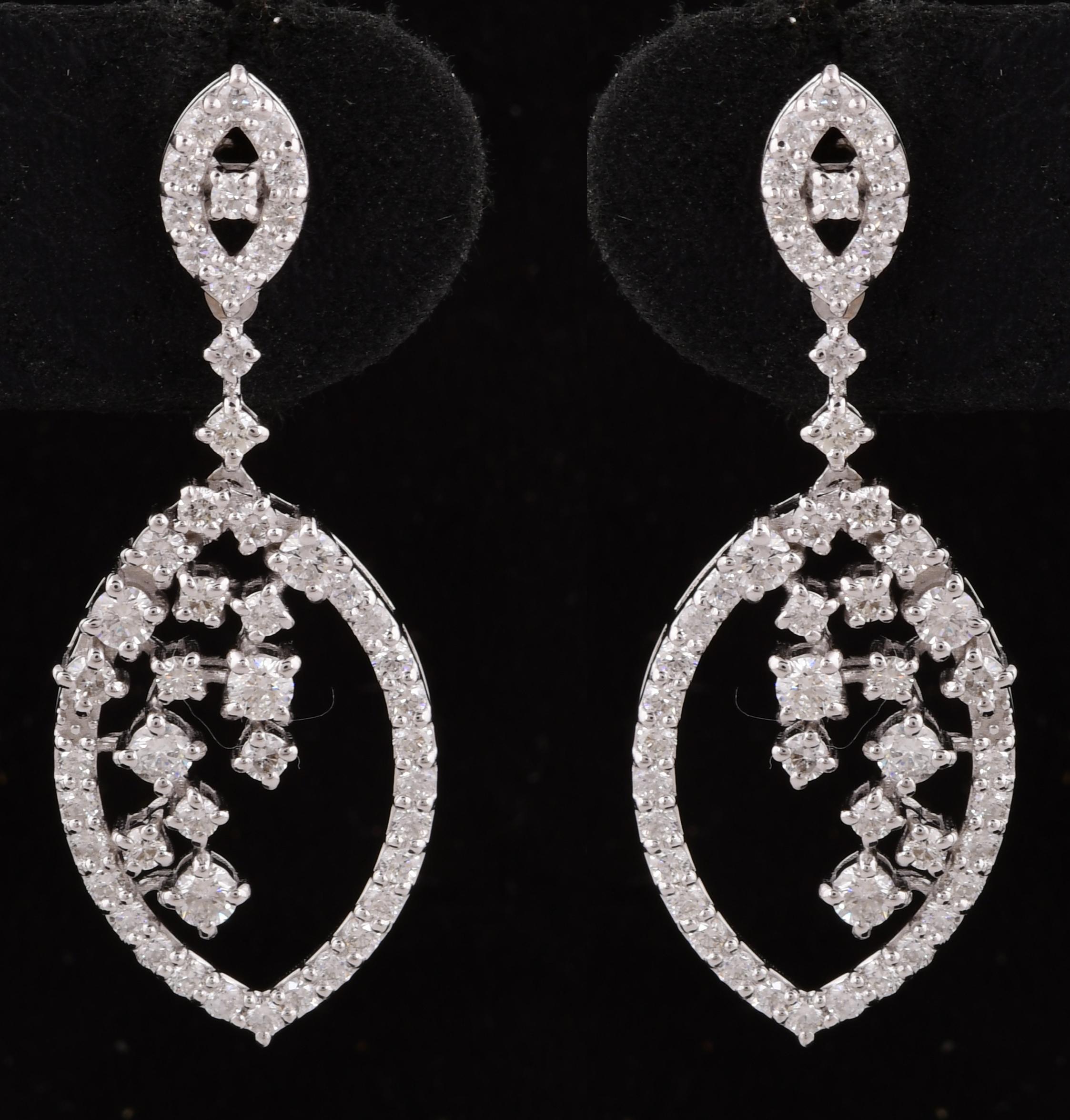 Modern Natural 1.60 Carat Round Diamond Dangle Earrings 14 Karat White Gold Jewelry For Sale