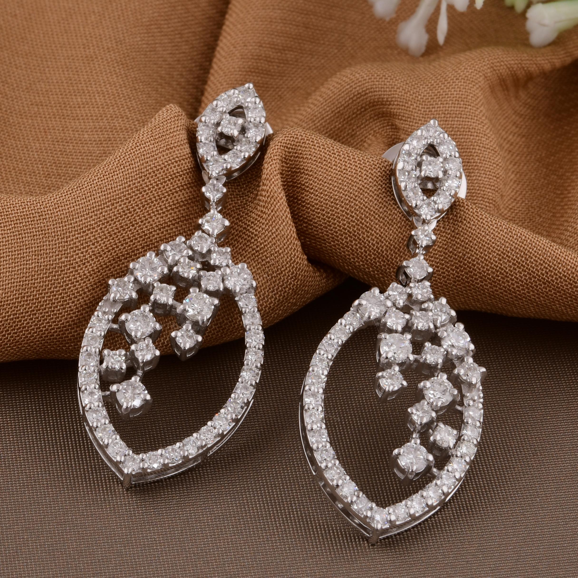 Round Cut Natural 1.60 Carat Round Diamond Dangle Earrings 14 Karat White Gold Jewelry For Sale