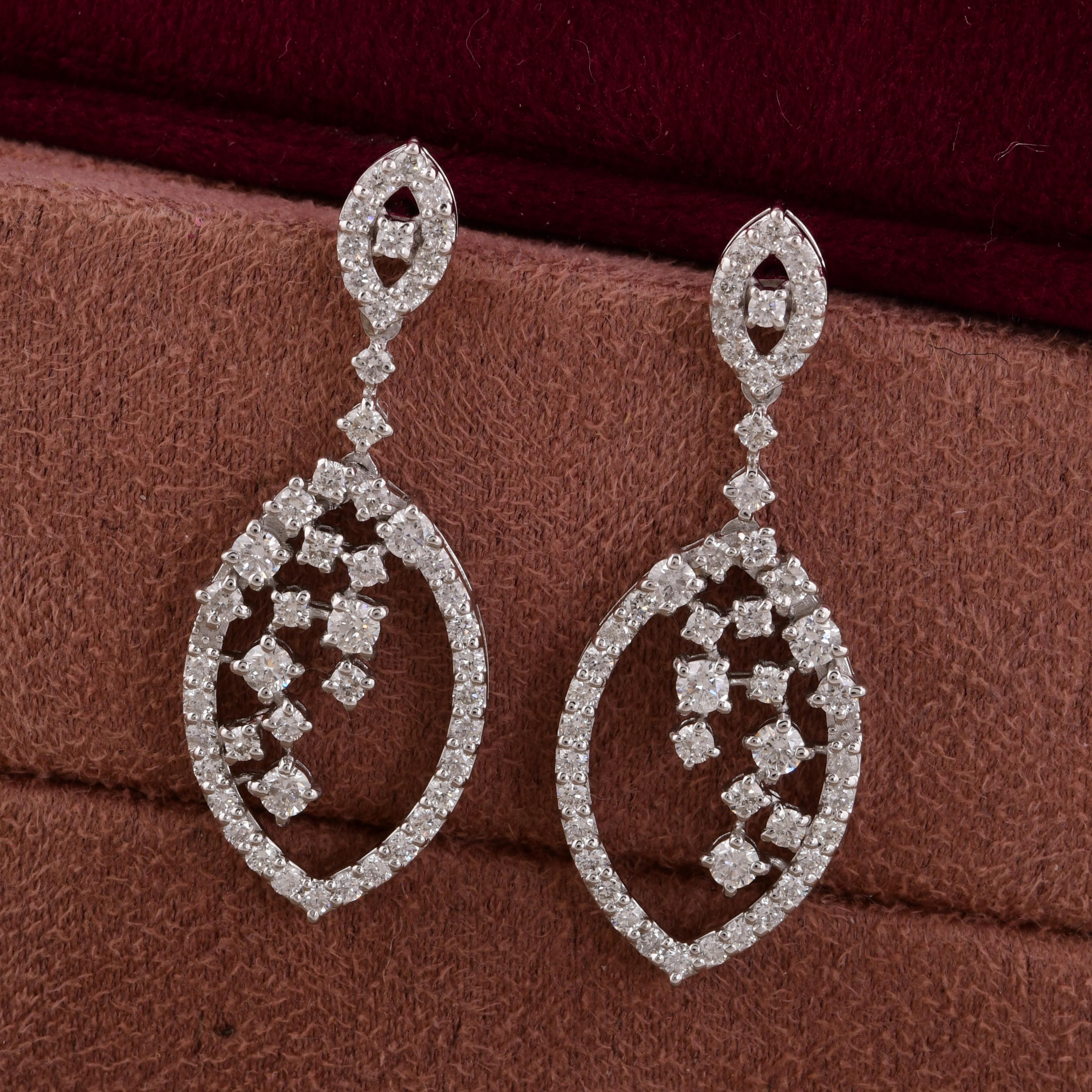 Round Cut Natural 1.60 Carat Round Diamond Dangle Earrings 18 Karat White Gold Jewelry For Sale