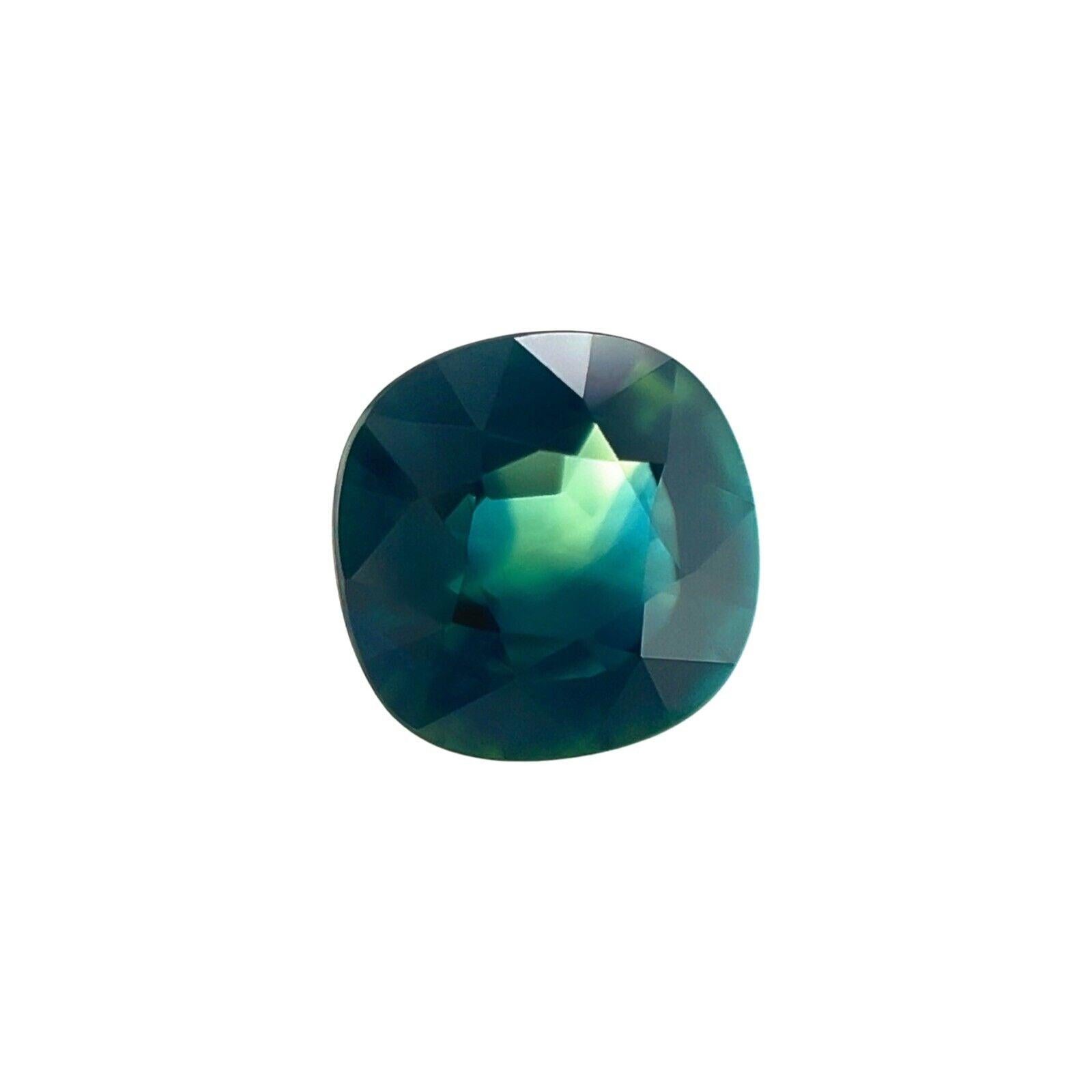 NATURAL 1.60ct Bi Colour Sapphire UNIQUE Blue Green Cushion Cut Loose Gem IF

Unique Natural Sapphire Deep Blue Green Bi Colour Cushion Cut Gemstone.
1.60 Carat with a beautiful blue green bi-colour and excellent clarity, practically flawless,