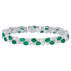 Natural 16.11 Ct TW Vivid Green Emerald & Diamond Bracelet 18K White Gold
