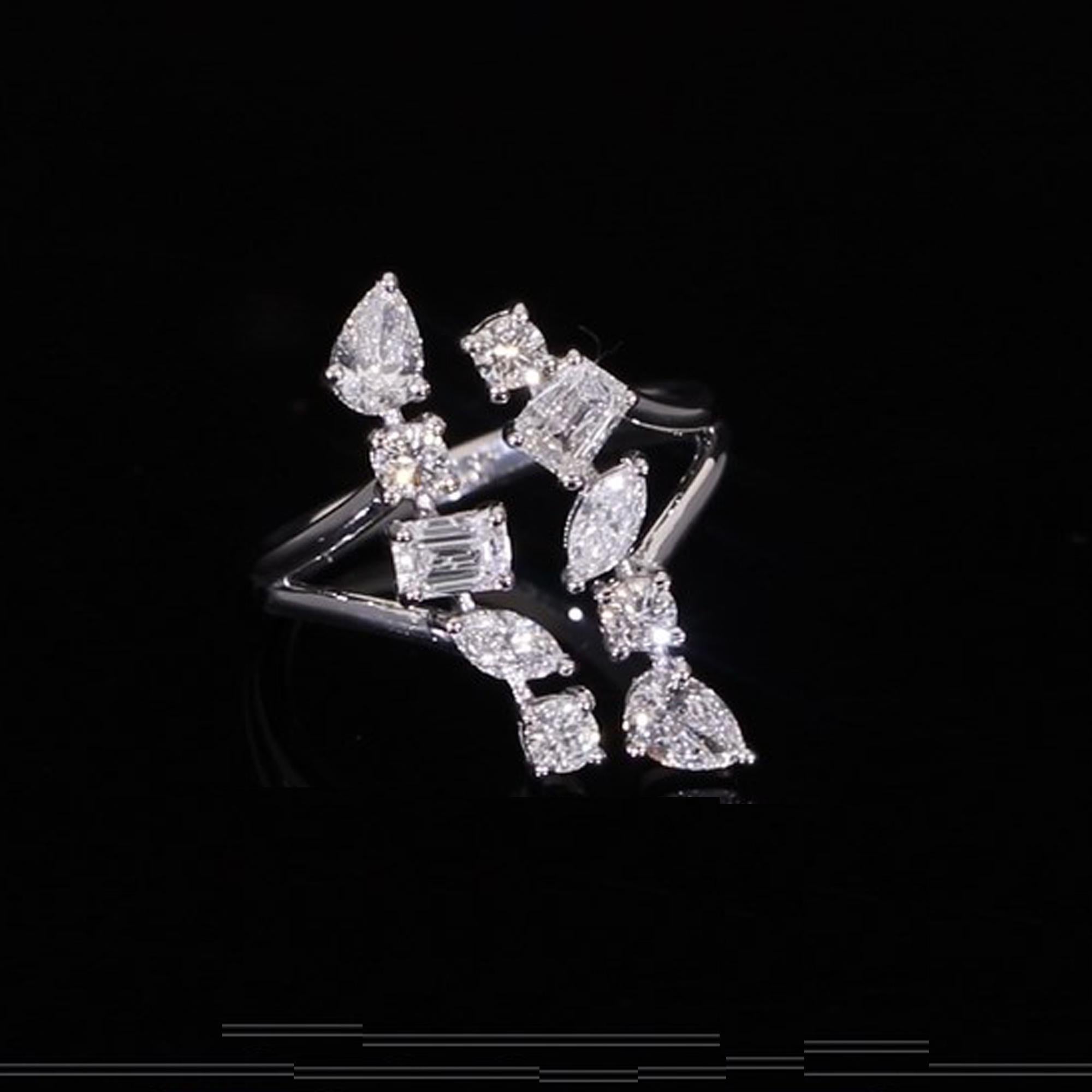 Natural 1.63 Carat Multi Shape Diamond Cuff Ring 18 Karat White Gold Jewelry For Sale 1