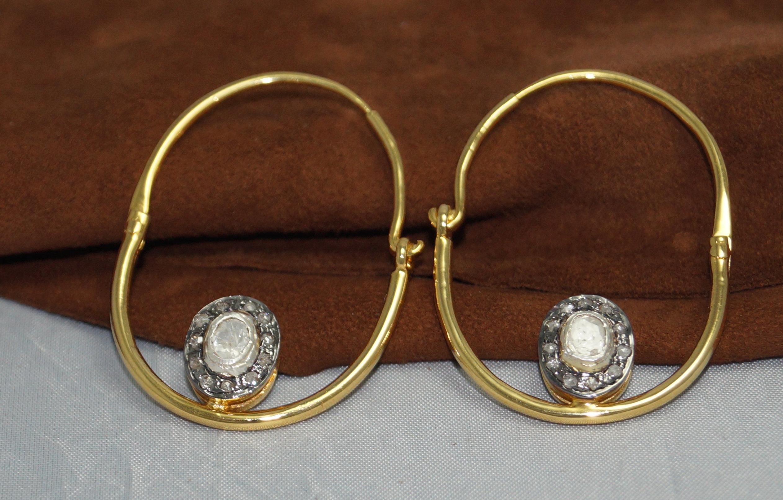 Rose Cut Natural 1.66ct uncut rose cut diamonds sterling silver hoops earrings  For Sale