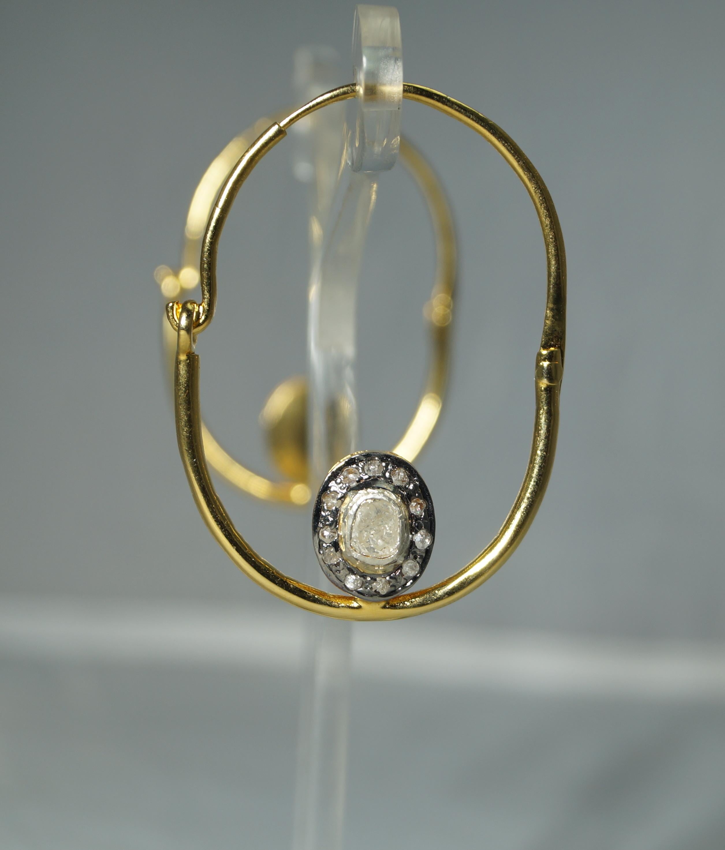 Natural 1.66ct uncut rose cut diamonds sterling silver hoops earrings  For Sale 1