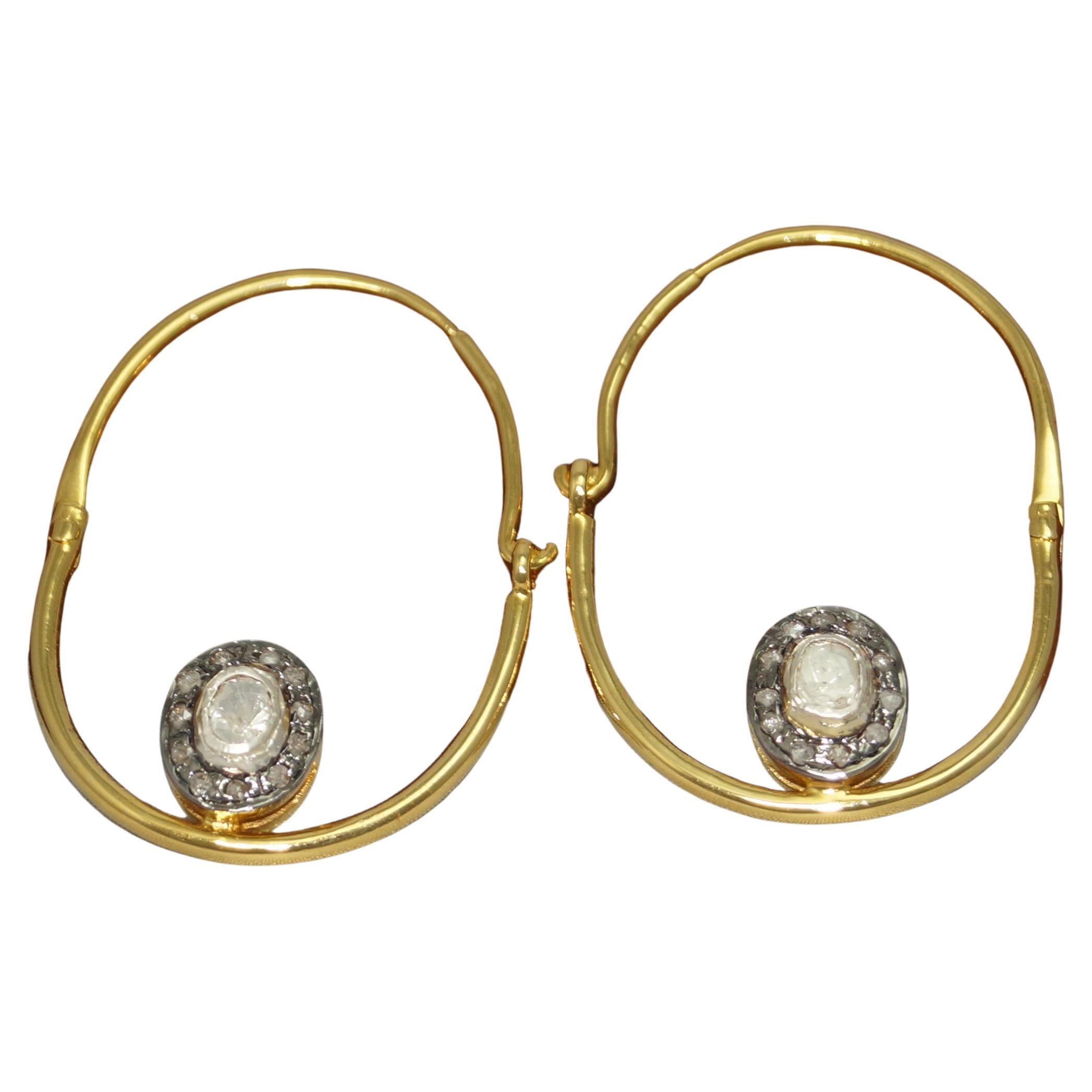 Natural 1.66ct uncut rose cut diamonds sterling silver hoops earrings  For Sale