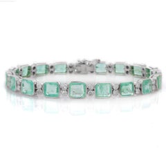 Natural 16.85 ct Emerald and Diamond Tennis Bracelet in 18K White Gold Settings