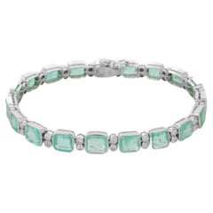 Natural 16.85 ct Emerald and Diamond Tennis Bracelet in 18K White Gold Settings