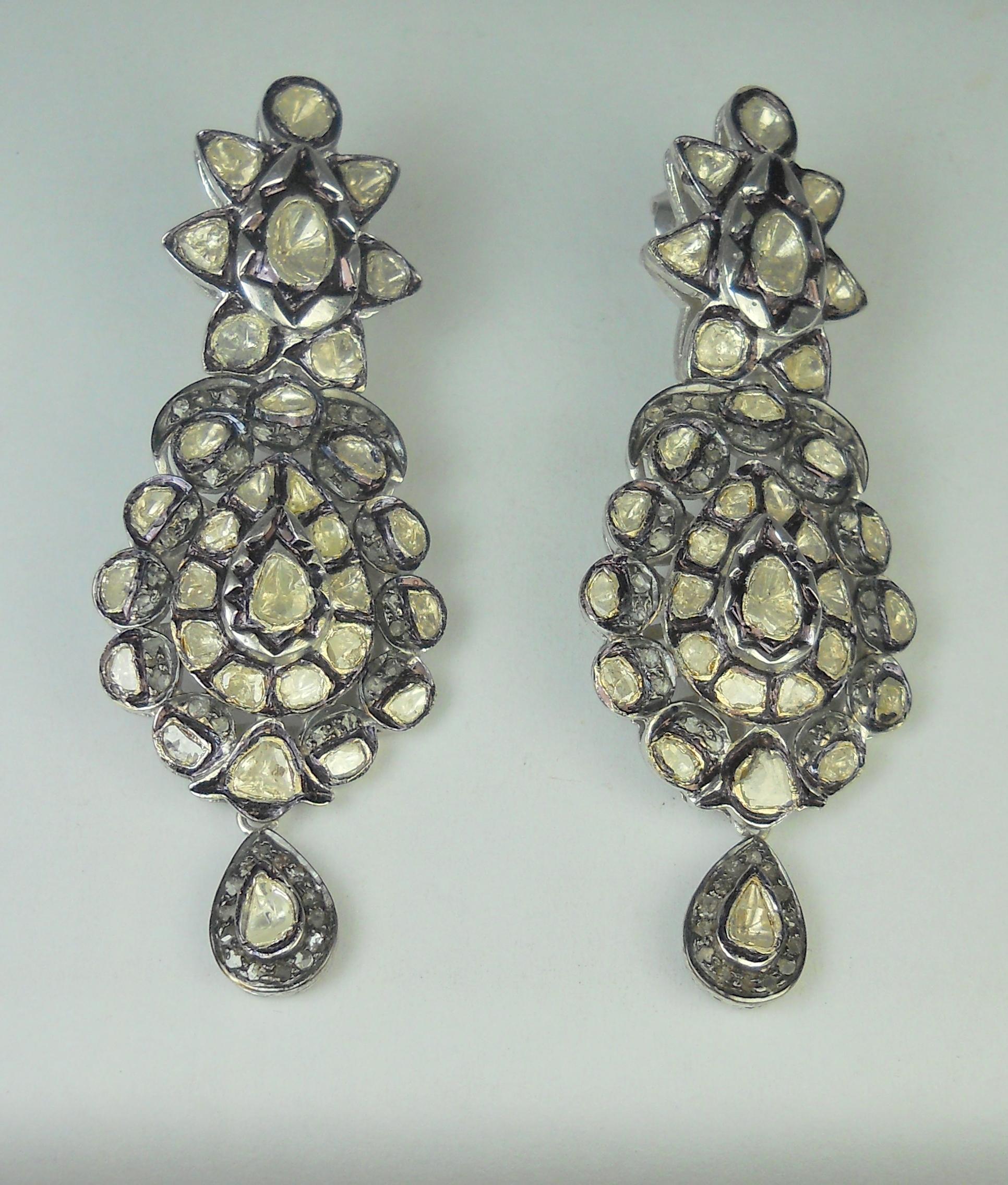 Contemporary Natural 16.85ct uncut rose cut diamonds sterling silver dangle earrings  For Sale