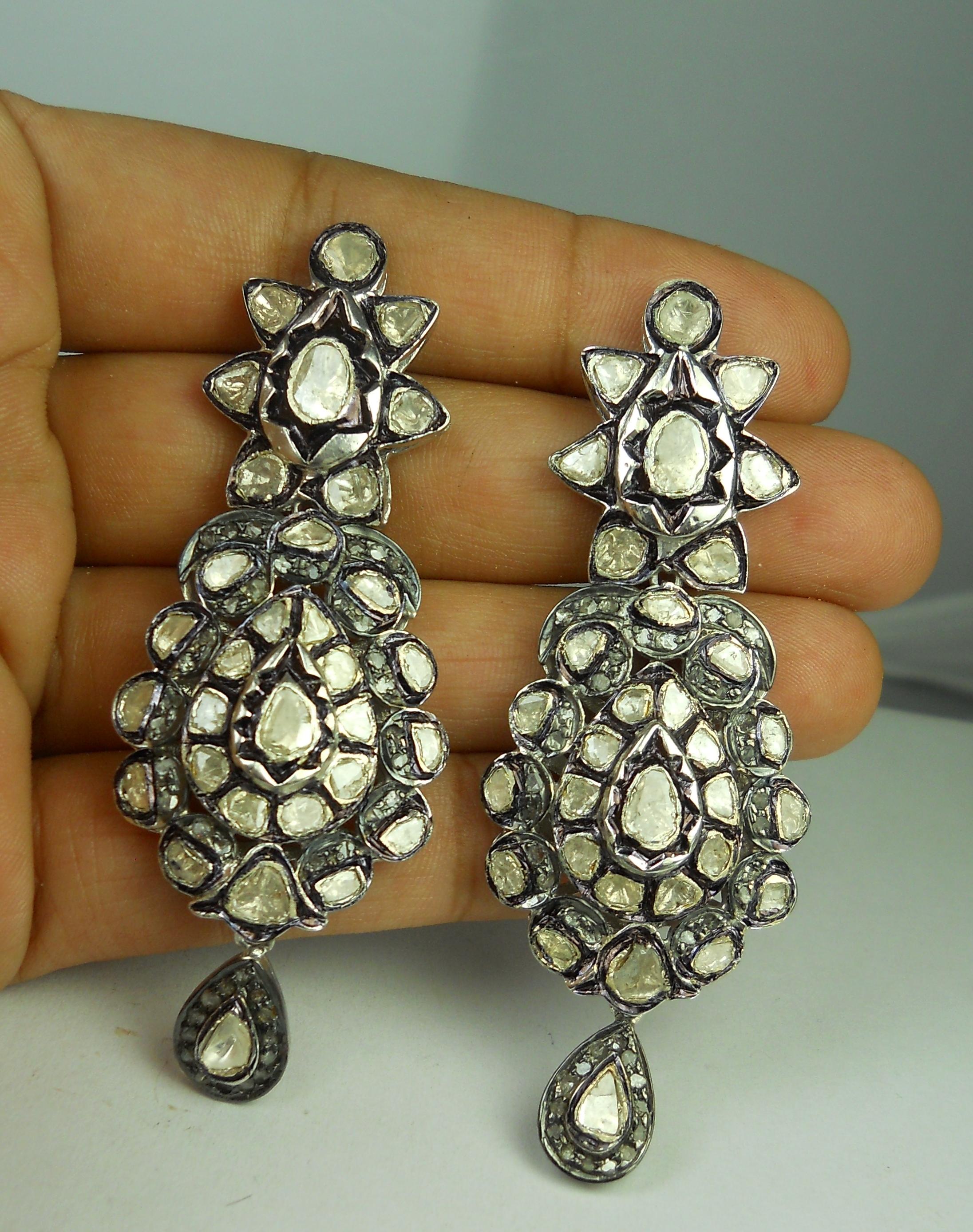Natural 16.85ct uncut rose cut diamonds sterling silver dangle earrings  In New Condition For Sale In Delhi, DL