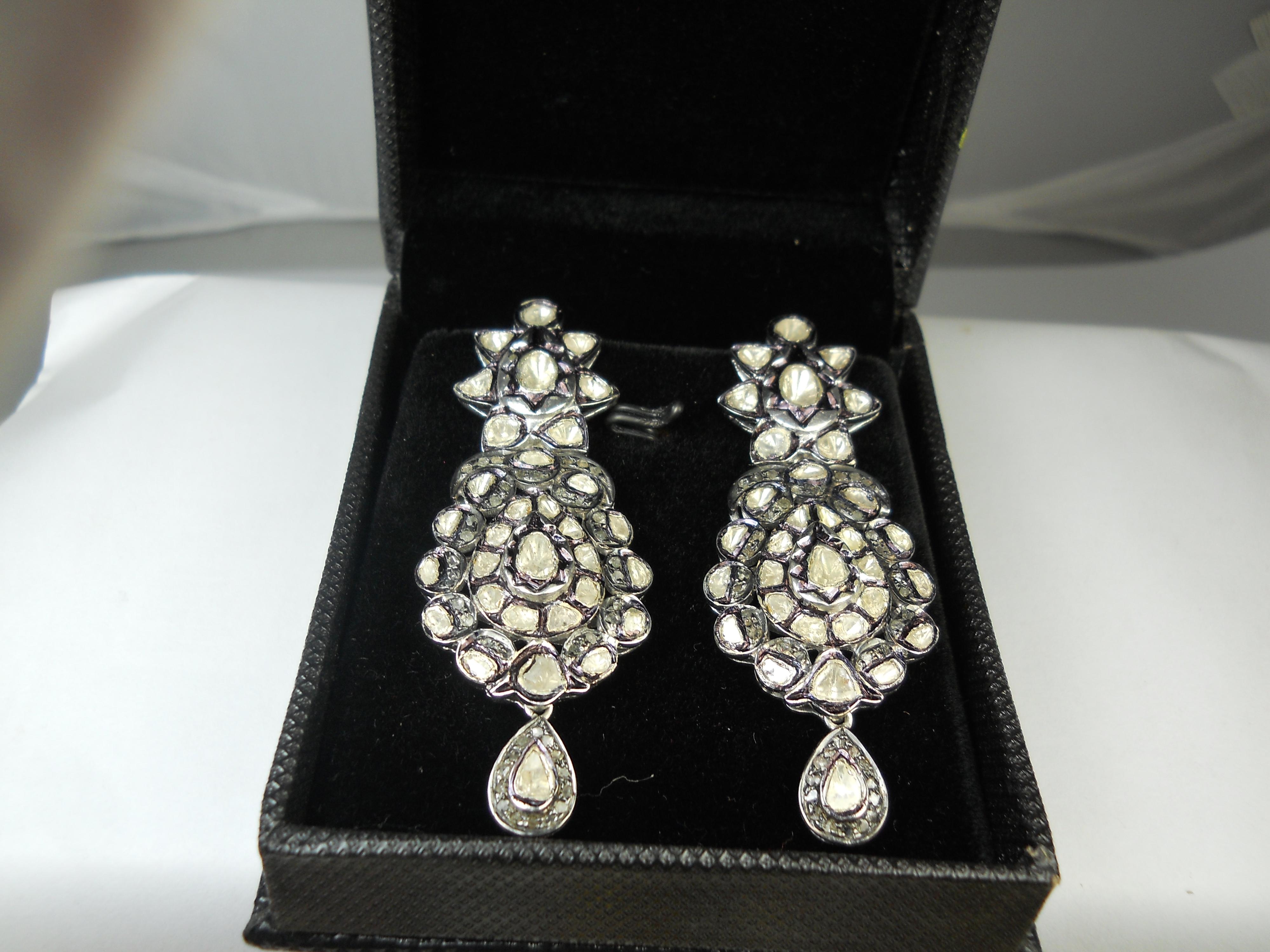 Women's or Men's Natural 16.85ct uncut rose cut diamonds sterling silver dangle earrings  For Sale