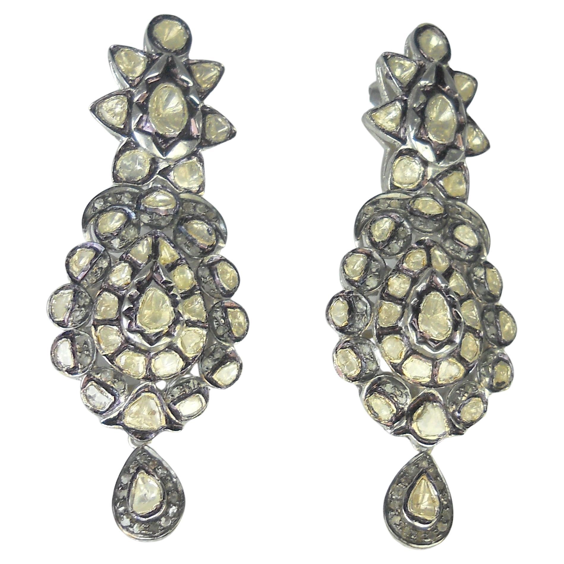 Natural 16.85ct uncut rose cut diamonds sterling silver dangle earrings  For Sale 1