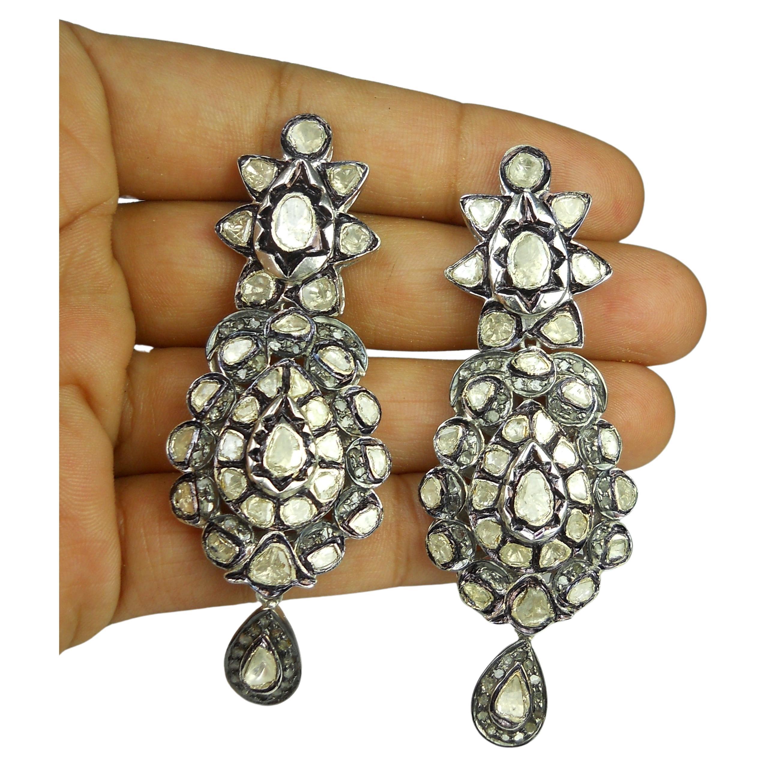 Natural 16.85ct uncut rose cut diamonds sterling silver dangle earrings  For Sale