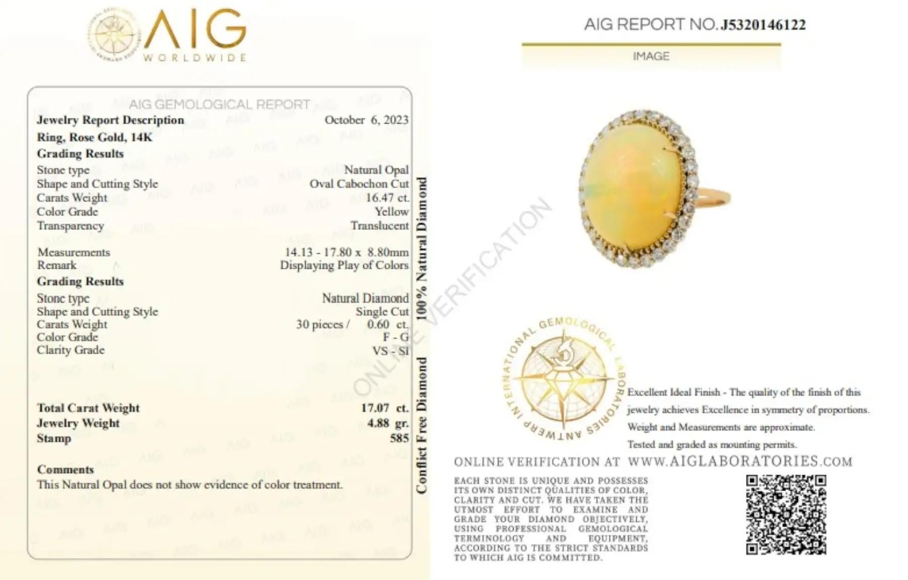 Natural 16ct Opal  Diamond Halo Cocktail Ring-14K gold, AIG Certified  Resizable For Sale 5