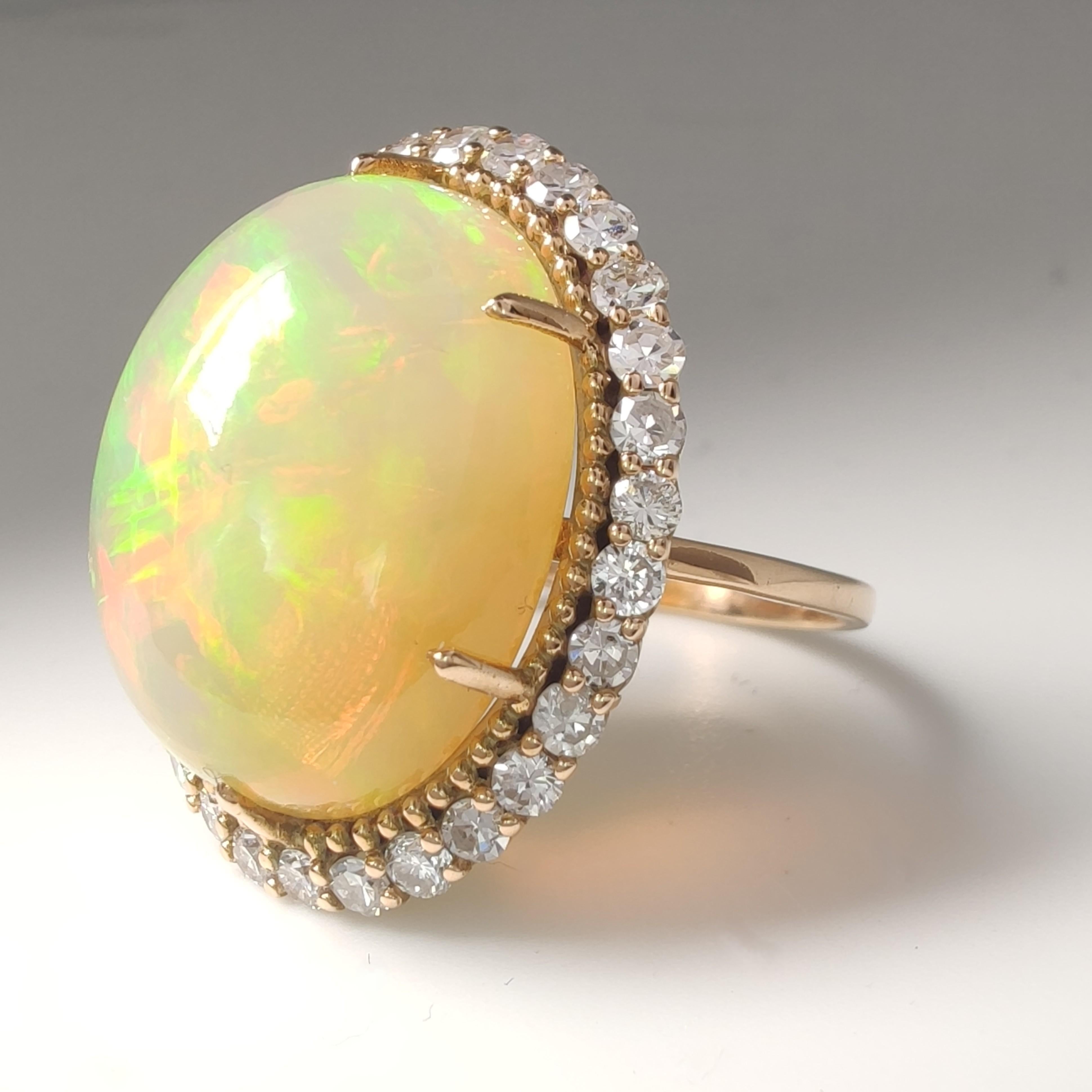 Contemporary Natural 16ct Opal  Diamond Halo Cocktail Ring-14K gold, AIG Certified  Resizable For Sale