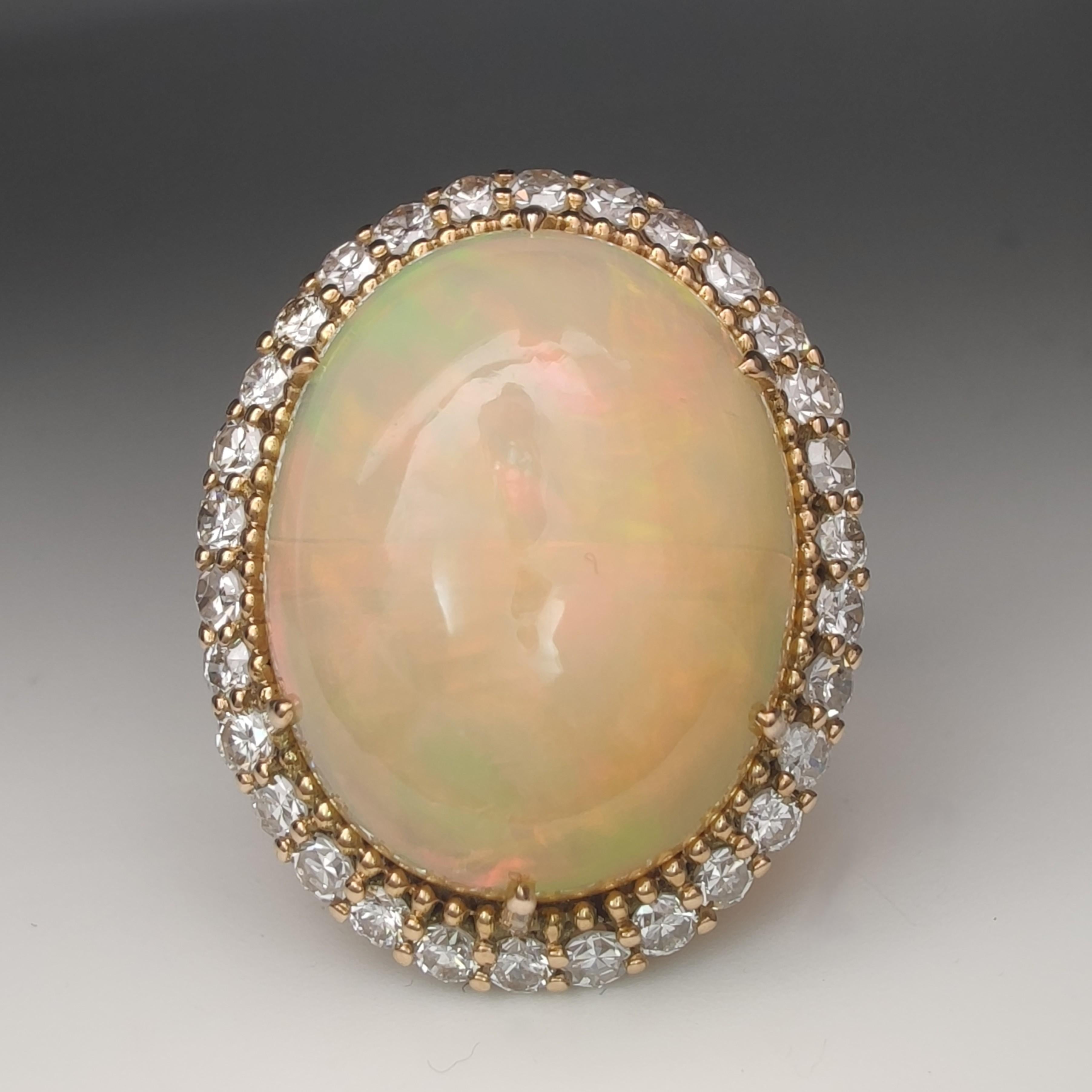 Cabochon Natural 16ct Opal  Diamond Halo Cocktail Ring-14K gold, AIG Certified  Resizable For Sale