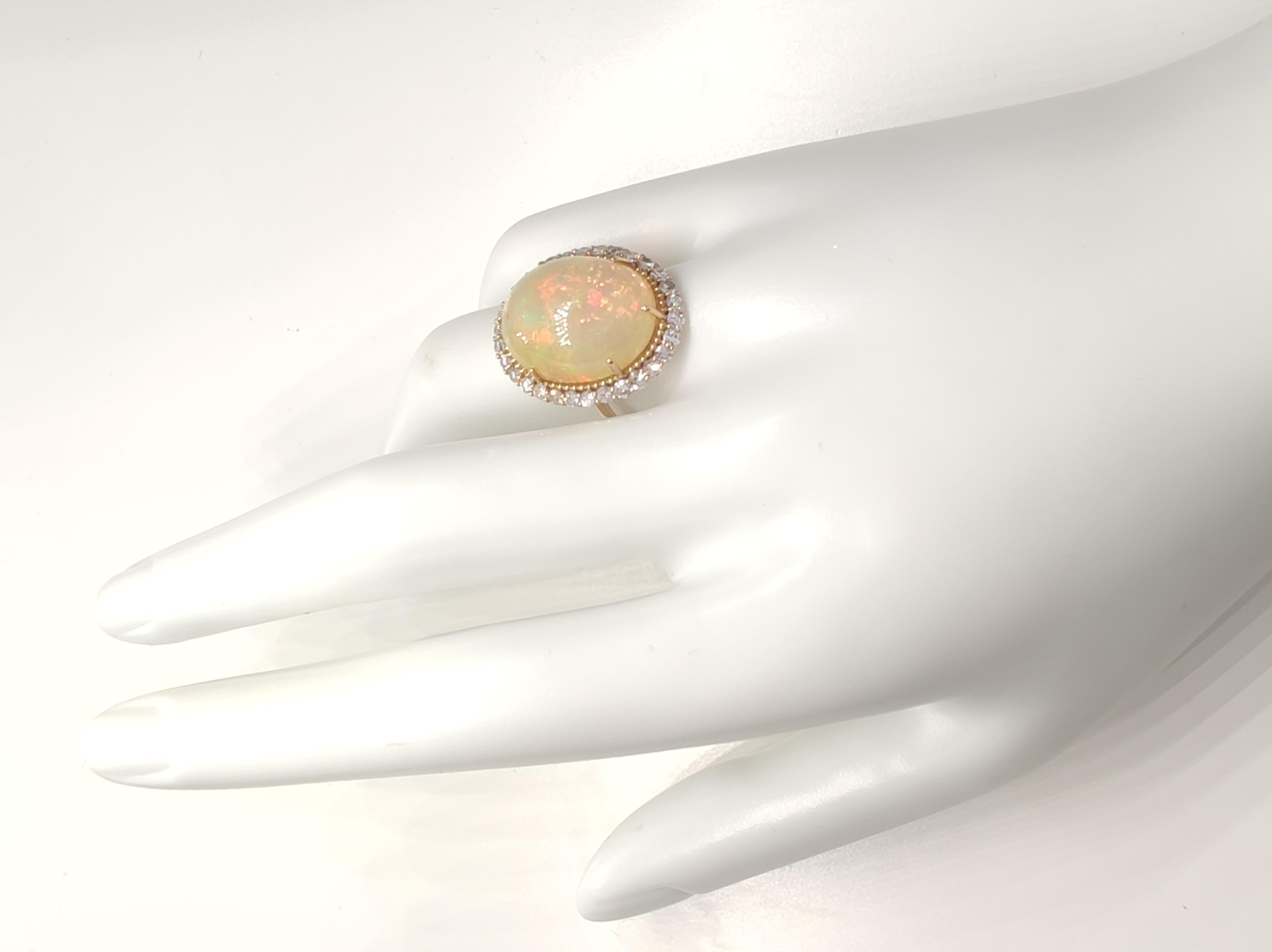 Natural 16ct Opal  Diamond Halo Cocktail Ring-14K gold, AIG Certified  Resizable For Sale 1