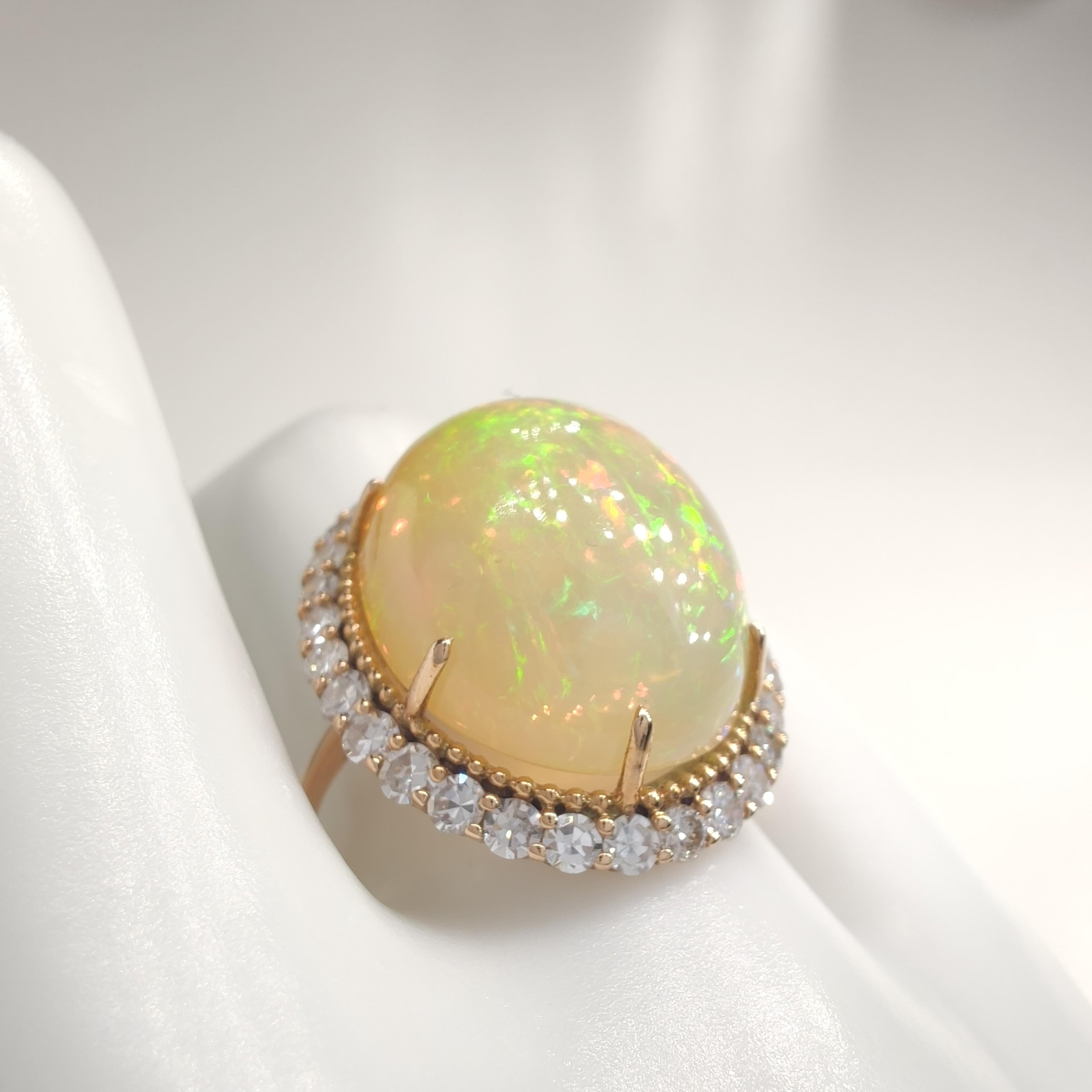 Natural 16ct Opal  Diamond Halo Cocktail Ring-14K gold, AIG Certified  Resizable For Sale 2