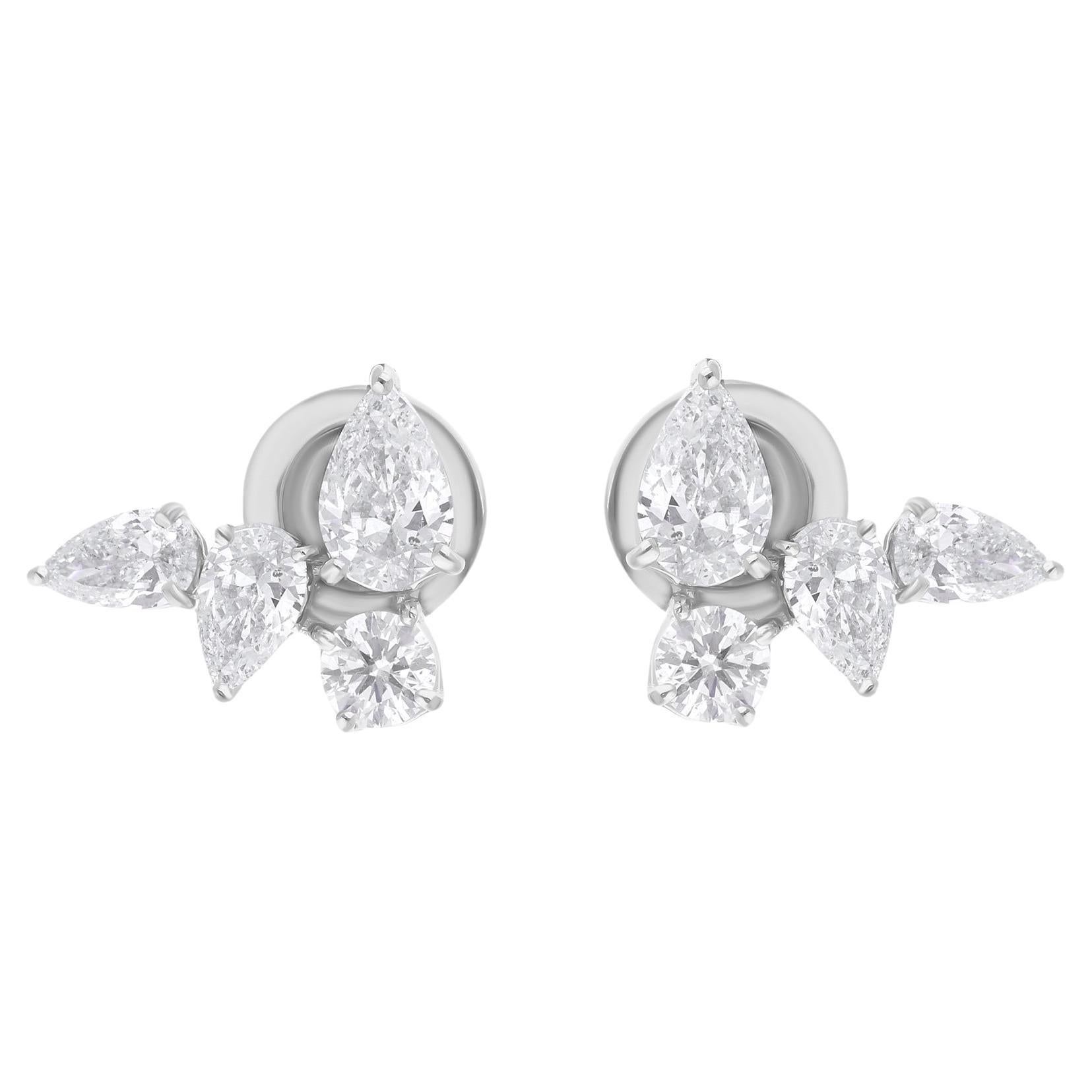 Natural 1.7 Carat SI/H Diamond Cluster Stud Earrings 14 Karat White Gold