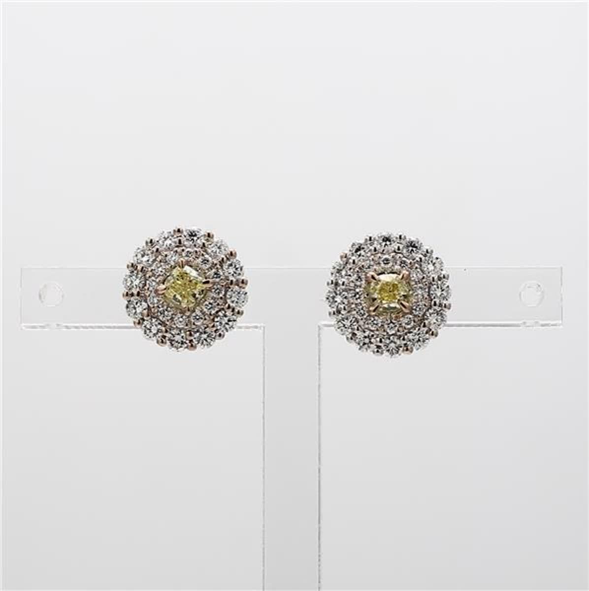 Rare cushion natural yellow diamonds surrounded with natural round white diamonds in a beautiful double halo. This earring is designed to be in a simple setting. Can be used as a stud earring or in addition to your collection of jewels. 

Total