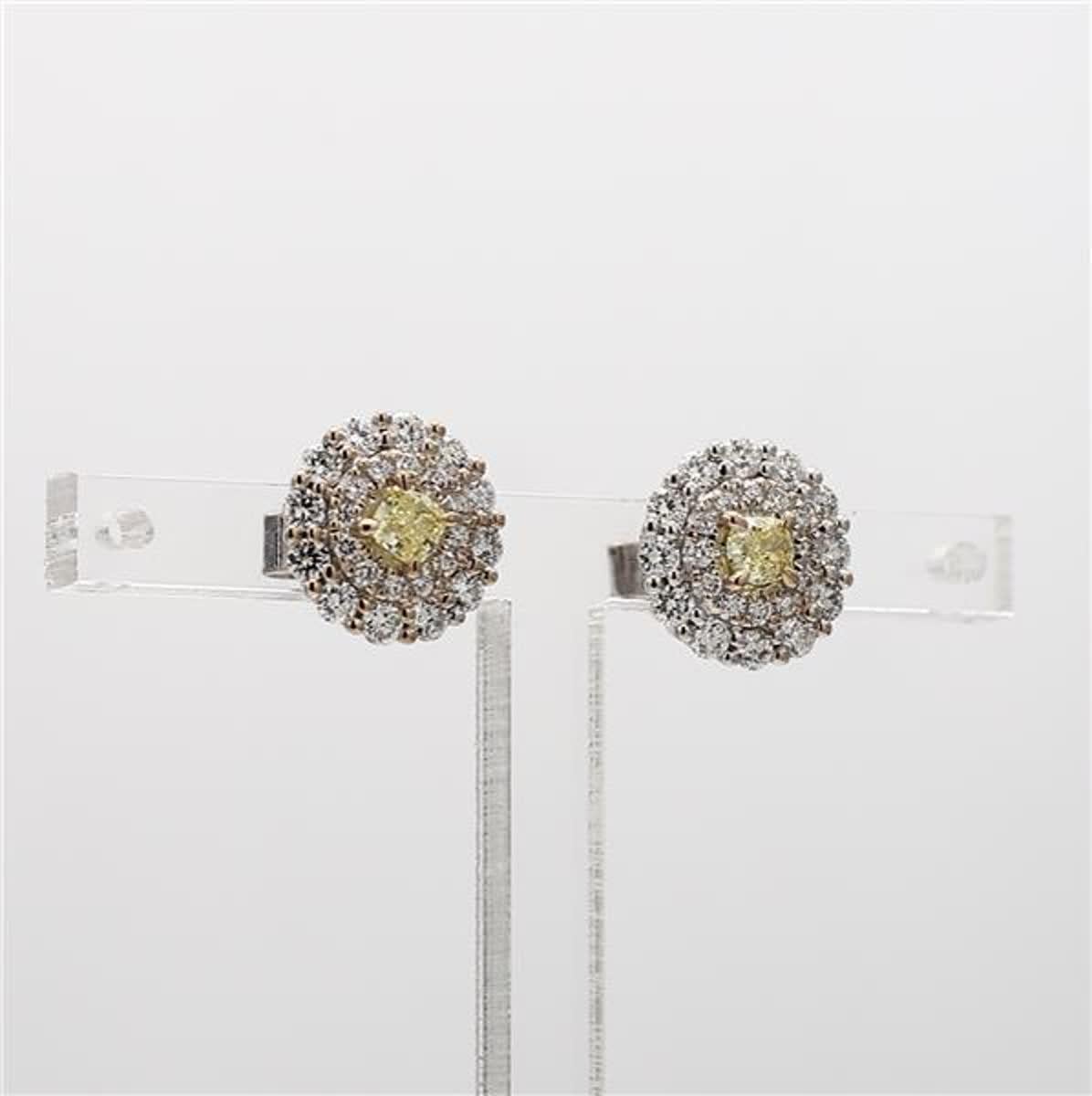 Natural Yellow Cushion and White Diamond 1.06 Carat TW White Gold Stud Earrings 1