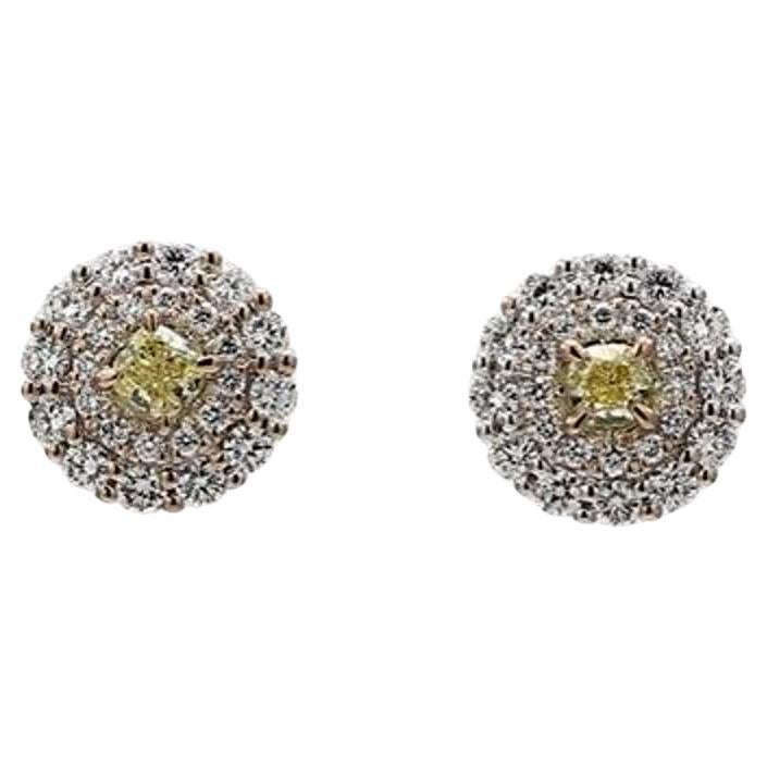 Natural Yellow Cushion and White Diamond 1.06 Carat TW White Gold Stud Earrings