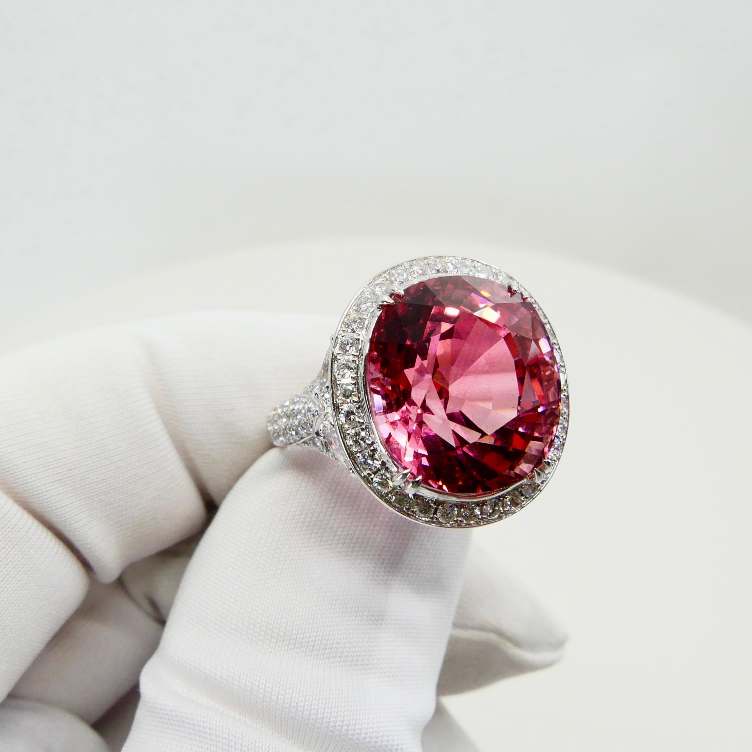 Natural 17 Cts Pink Tourmaline and Diamond Cocktail Ring, Huge Statement Piece For Sale 7