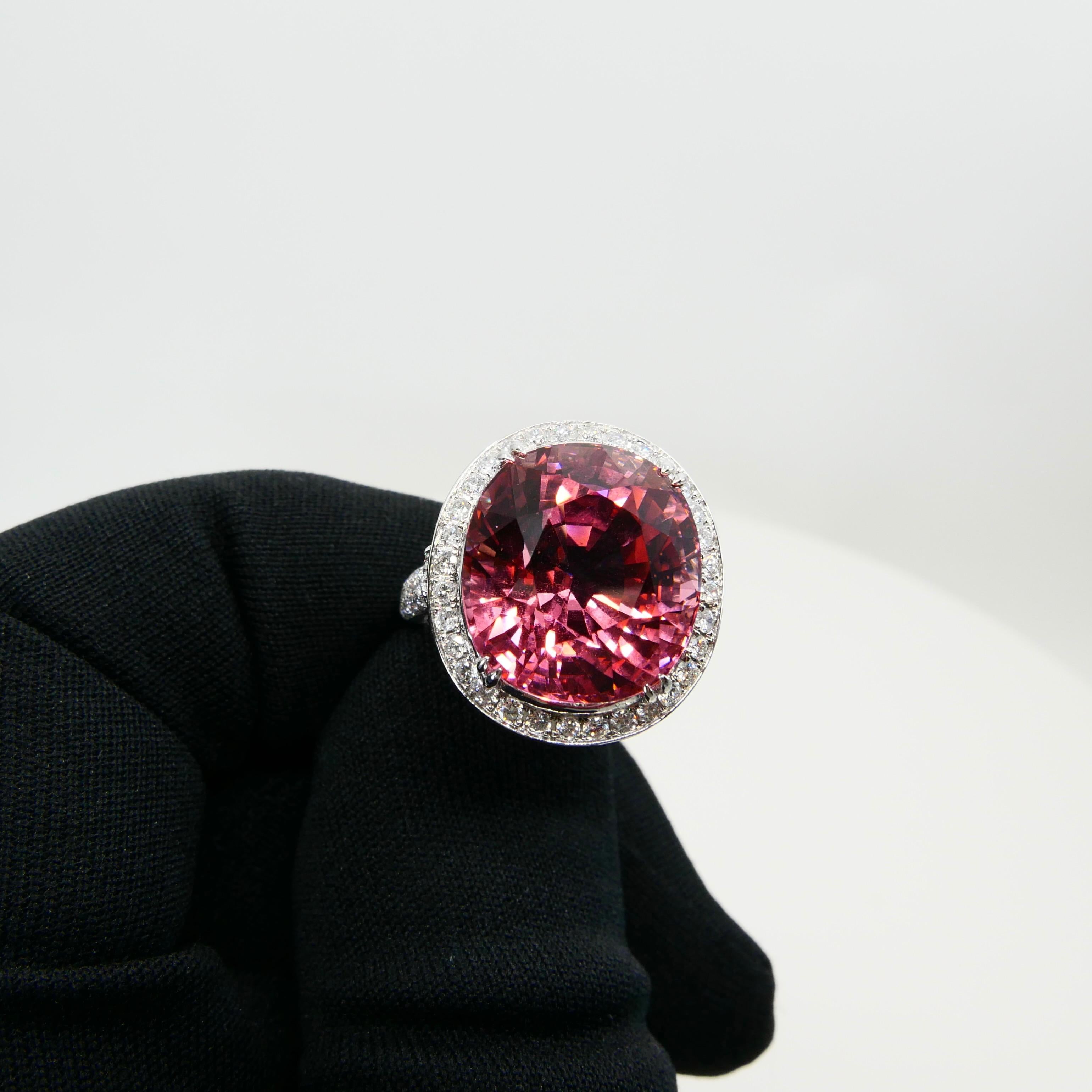 Contemporary Natural 17 Cts Pink Tourmaline and Diamond Cocktail Ring, Huge Statement Piece For Sale