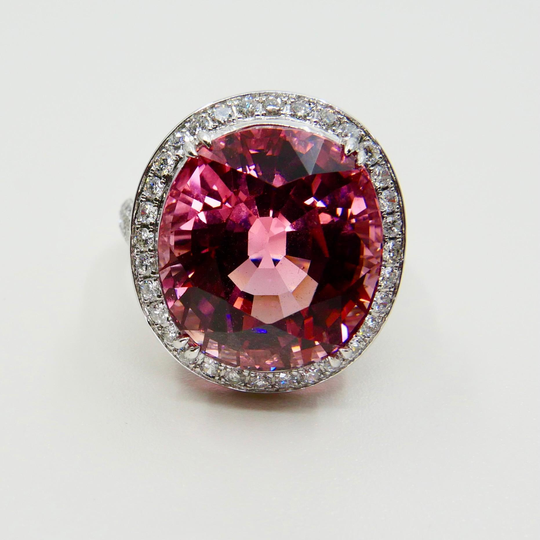 Women's Natural 17 Cts Pink Tourmaline and Diamond Cocktail Ring, Huge Statement Piece For Sale