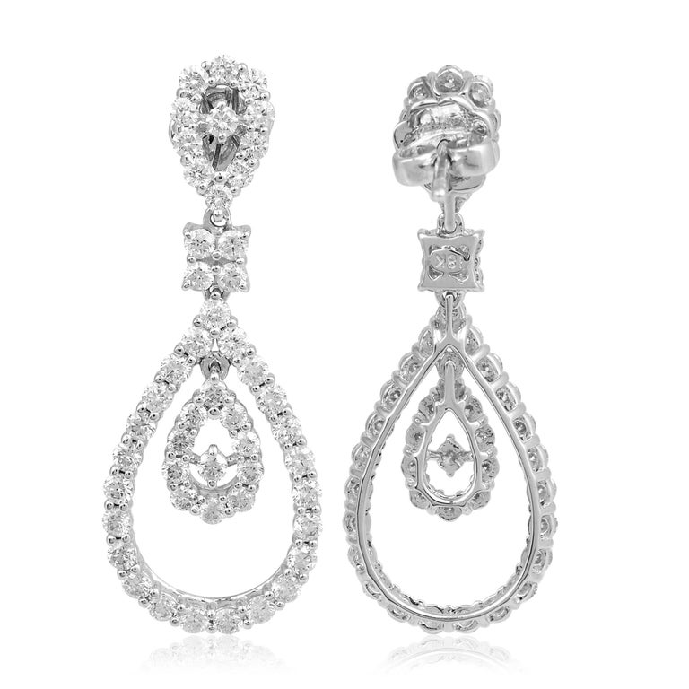 Natural 1.70 Carat Diamond Dangle Earrings 10 Karat White Gold Handmade