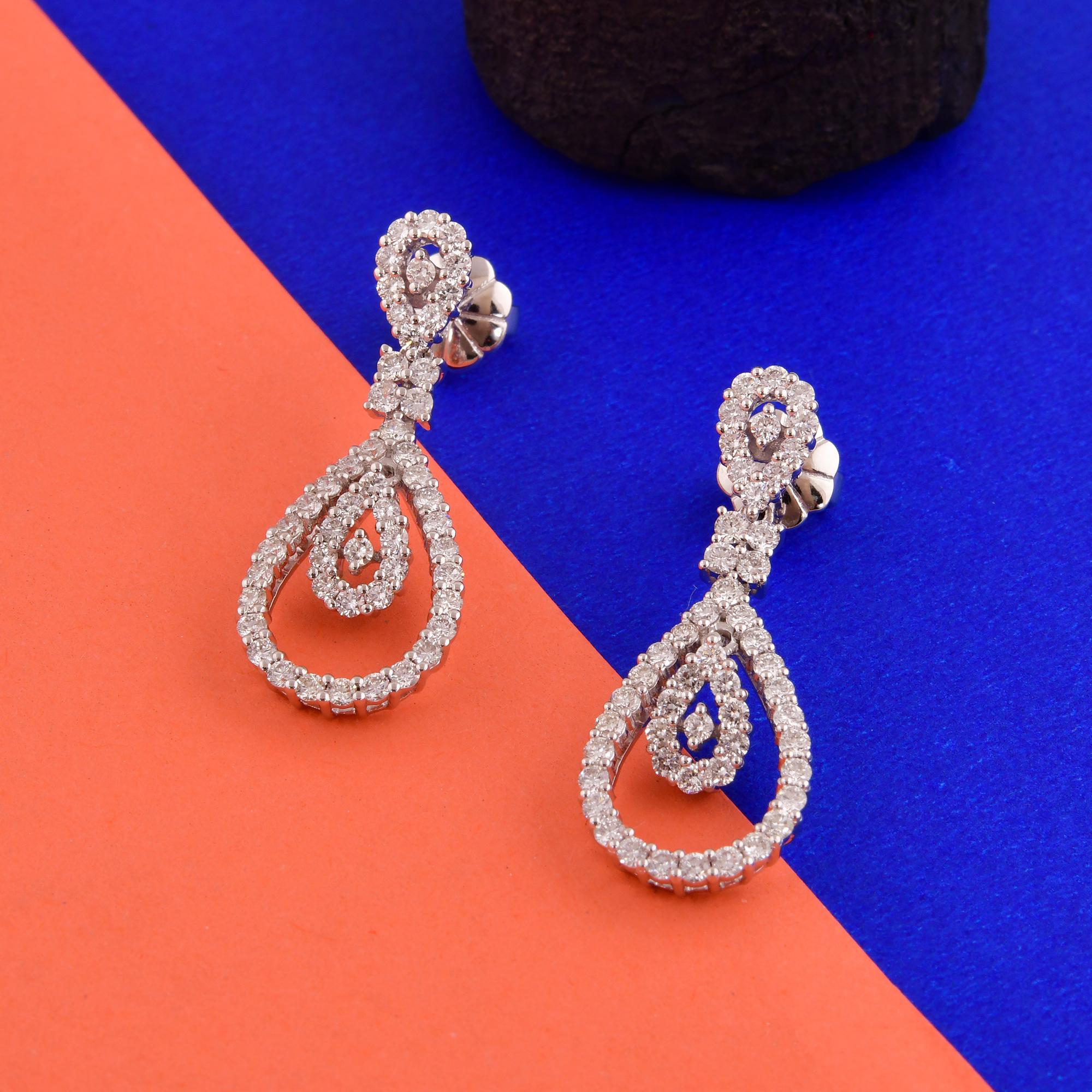 Modern Natural 1.70 Carat Diamond Dangle Earrings 10 Karat White Gold Handmade Jewelry For Sale