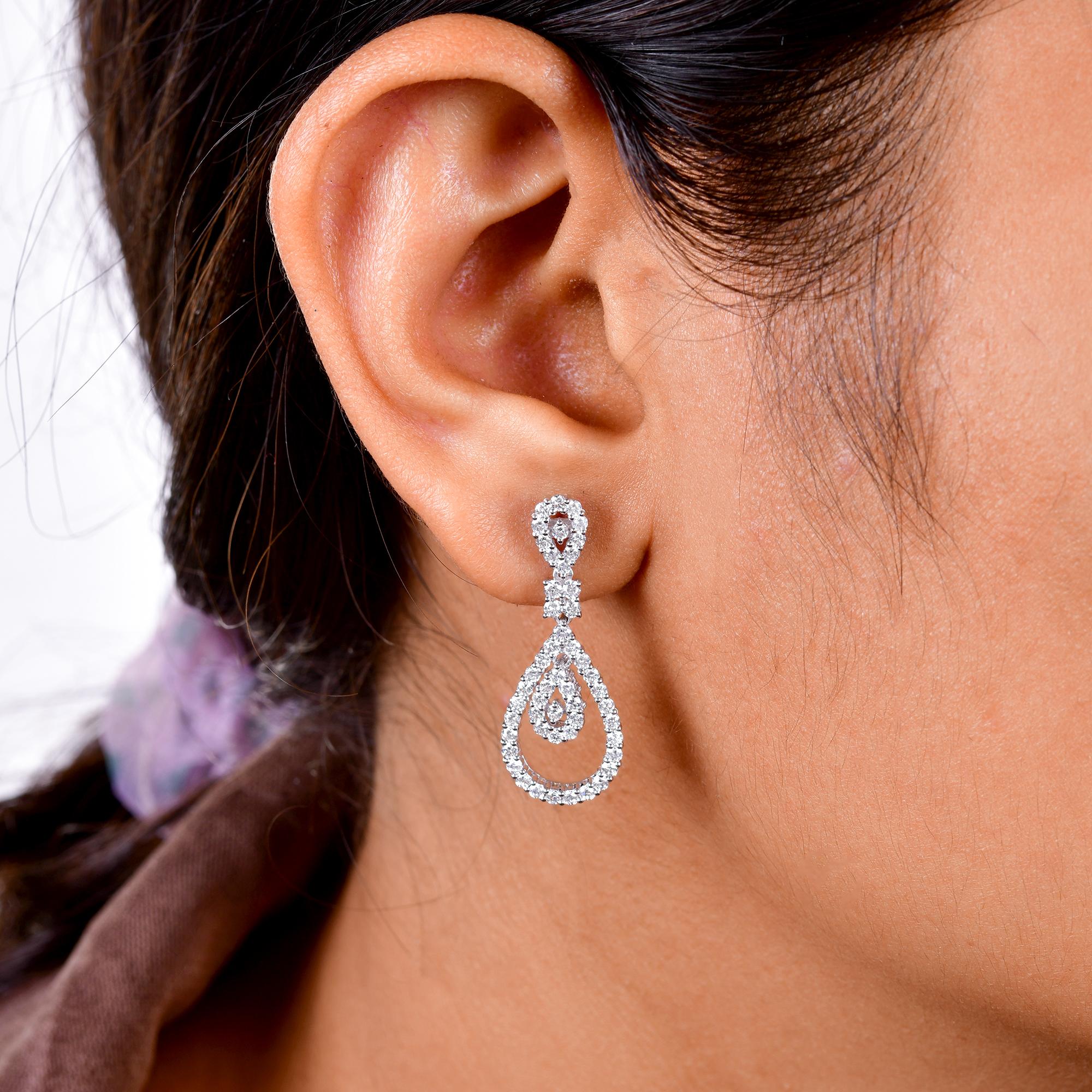 Round Cut Natural 1.70 Carat Diamond Dangle Earrings 10 Karat White Gold Handmade Jewelry For Sale