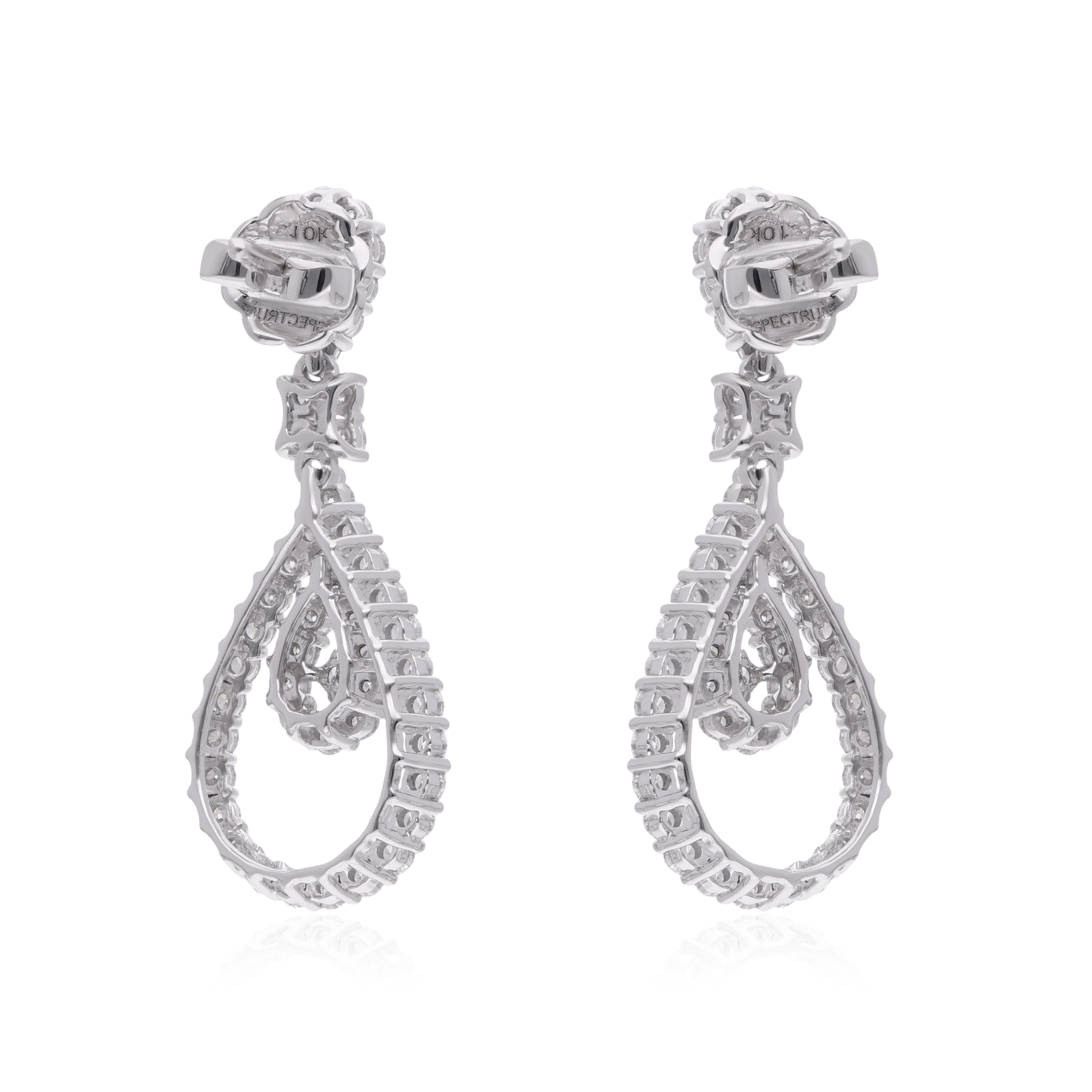 Women's Natural 1.70 Carat Diamond Dangle Earrings 10 Karat White Gold Handmade Jewelry For Sale