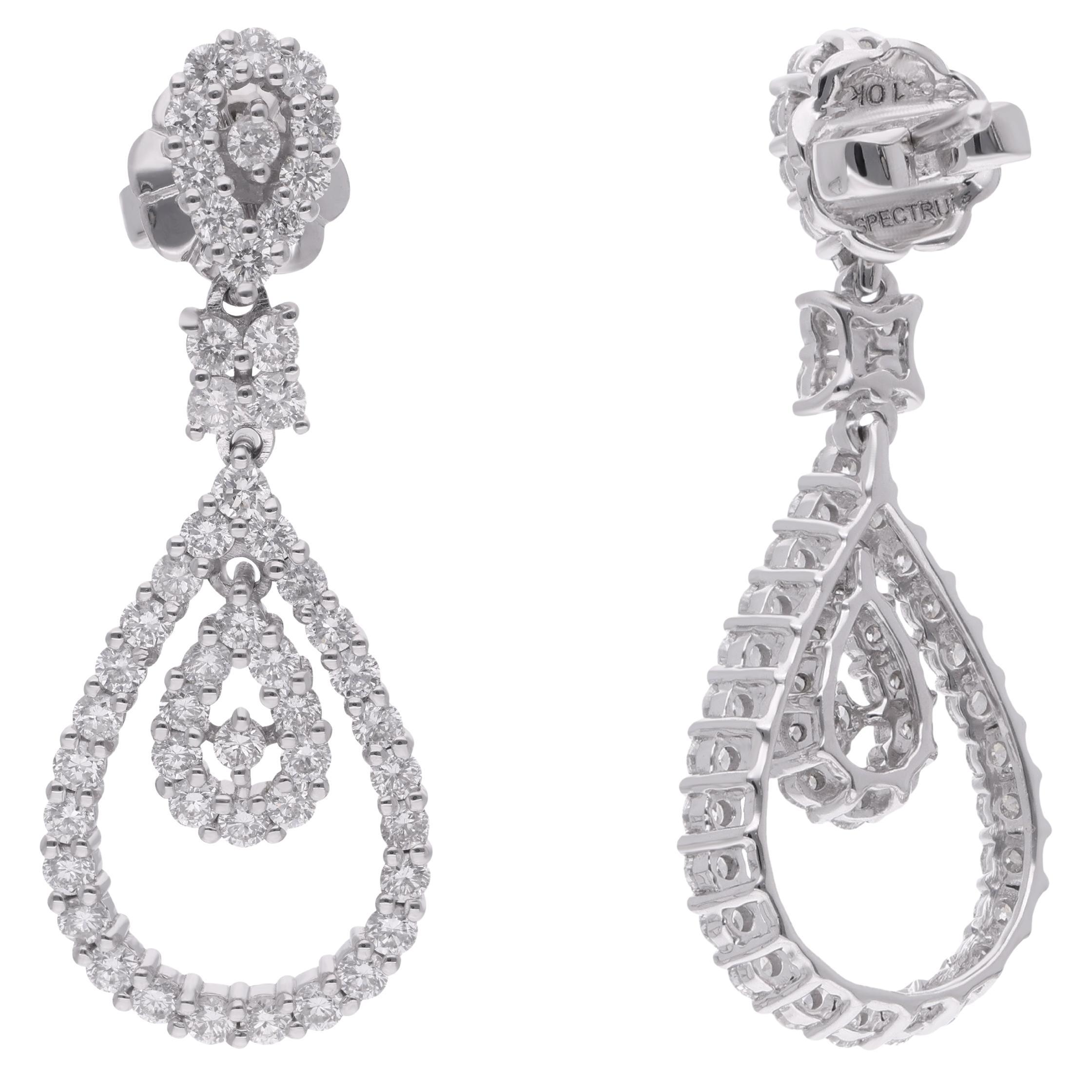 Natural 1.70 Carat Diamond Dangle Earrings 10 Karat White Gold Handmade Jewelry For Sale