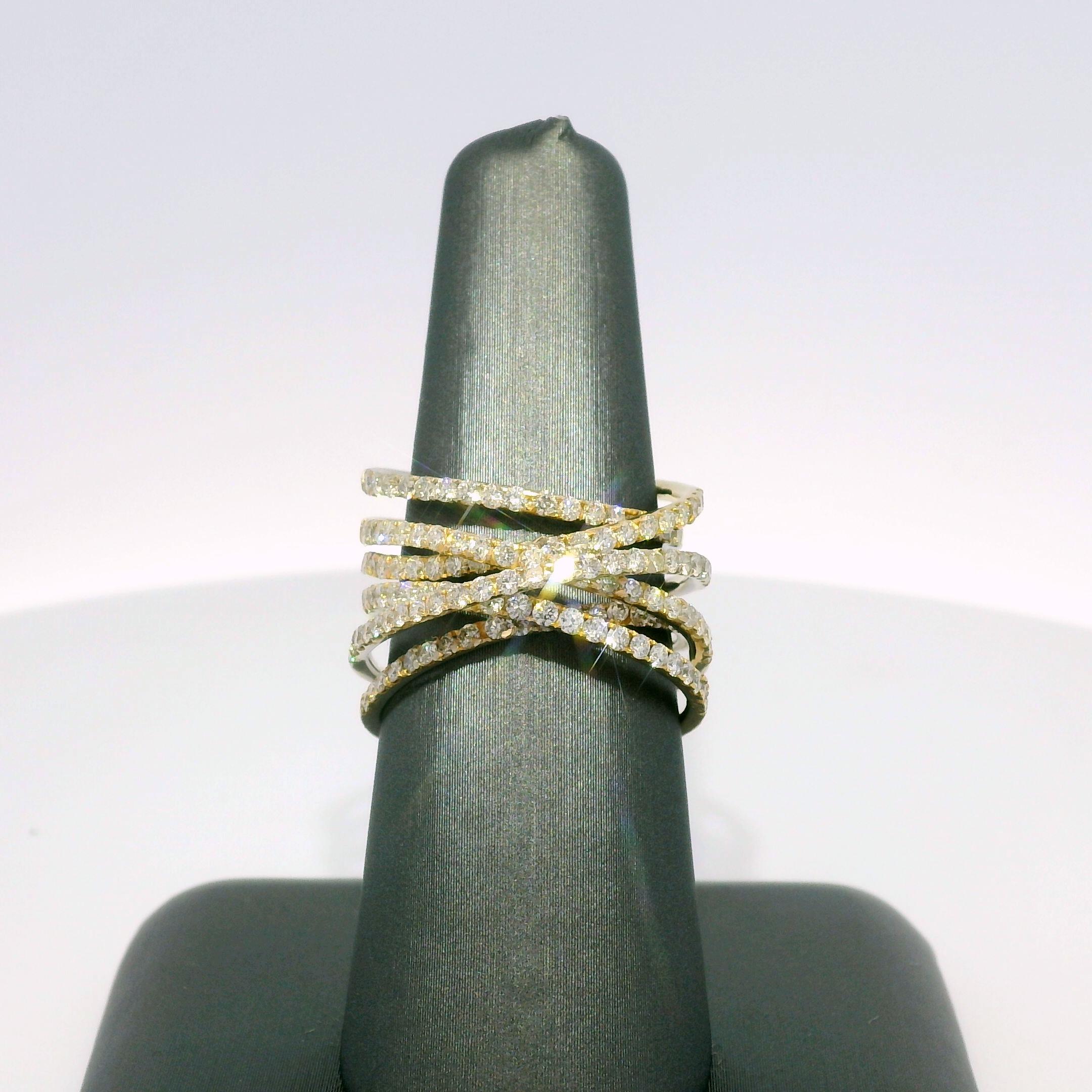 Natürlicher natürlicher 1,70 Karat Diamant Multi-Row 18 Karat Crossover-Ring auf Lager (Rundschliff) im Angebot