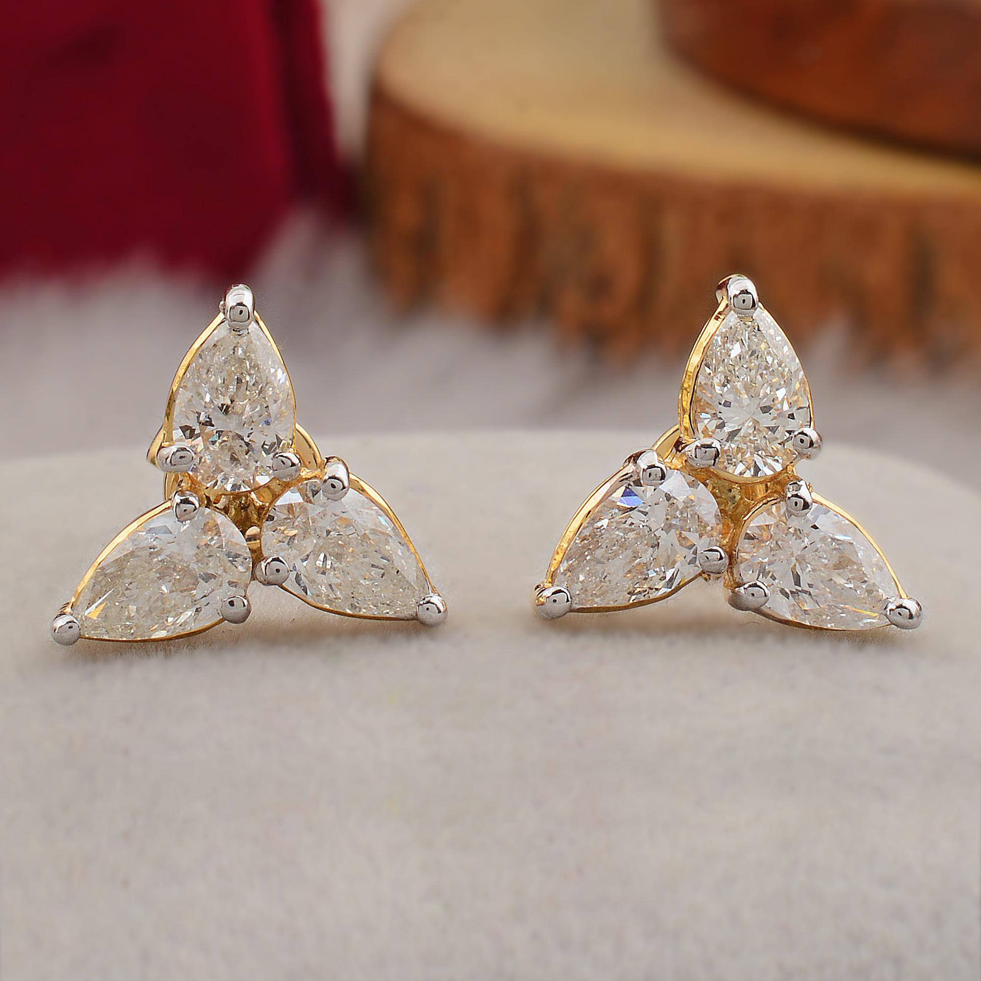 Pear Cut Natural 1.71 Carat SI/HI Pear Diamond Minimalist Stud Earrings 14k Yellow Gold For Sale