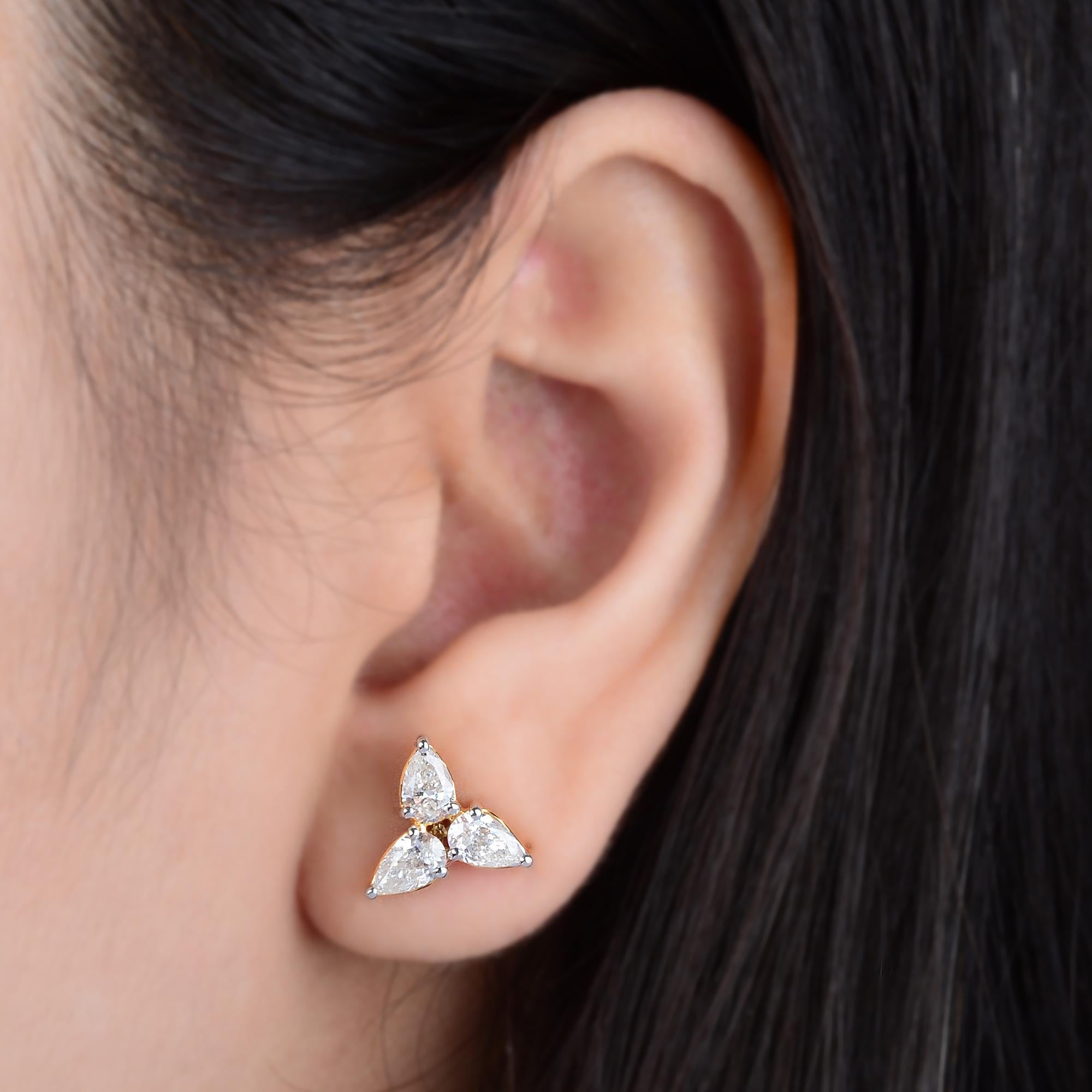 Modern Natural 1.71 Carat SI/HI Pear Diamond Minimalist Stud Earrings 14k Yellow Gold For Sale