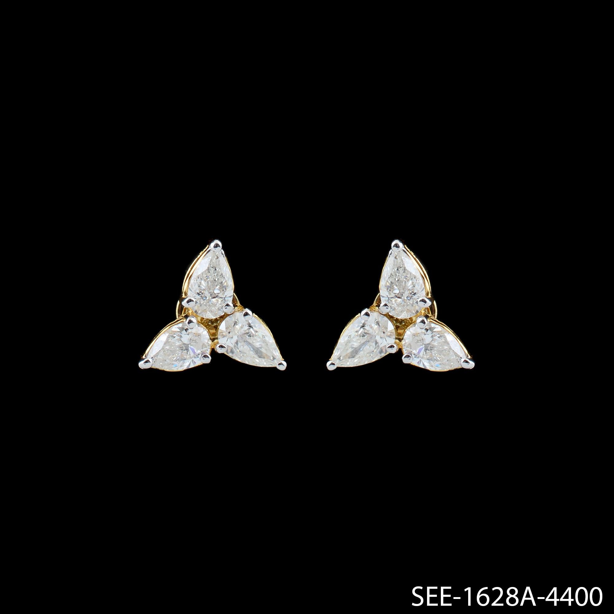 Women's Natural 1.71 Carat SI/HI Pear Diamond Minimalist Stud Earrings 14k Yellow Gold For Sale