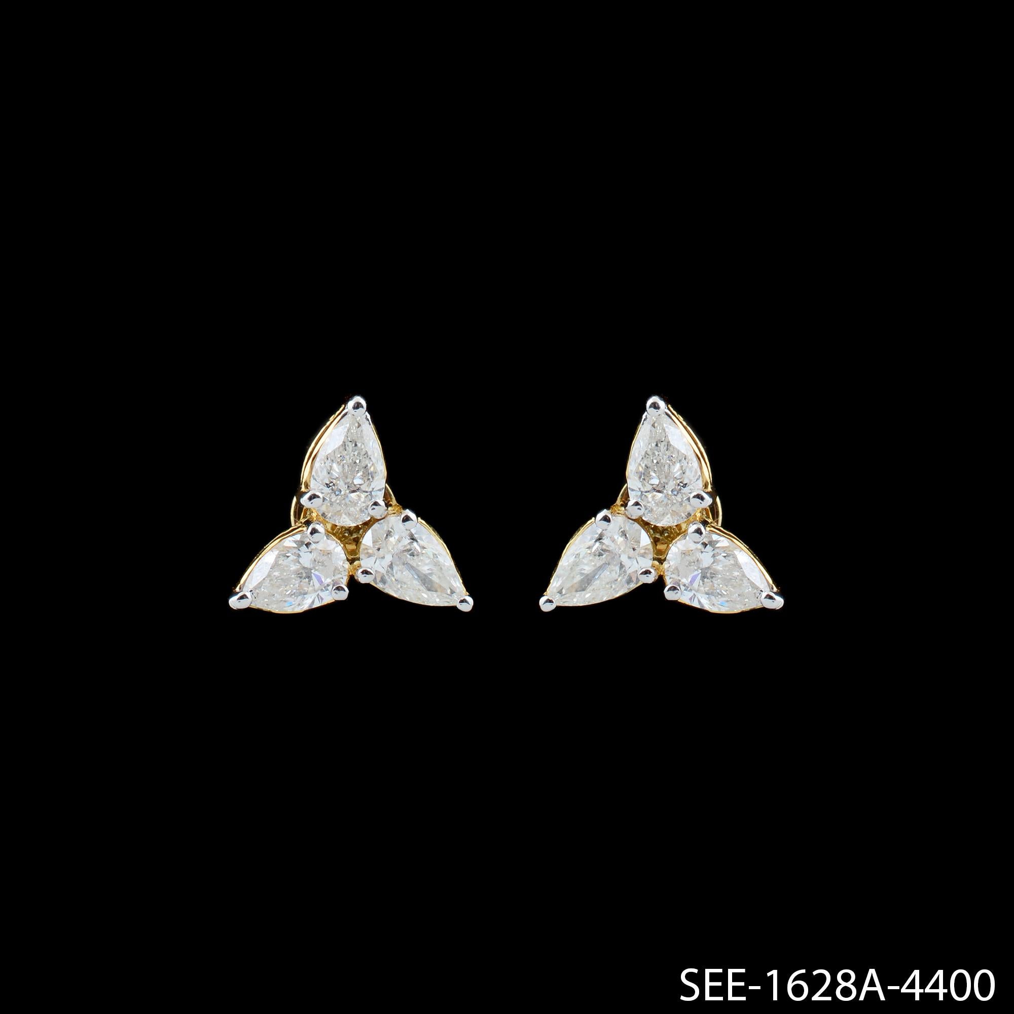 Pear Cut Natural 1.71 Carat SI/HI Pear Diamond Minimalist Stud Earrings 14k Yellow Gold For Sale