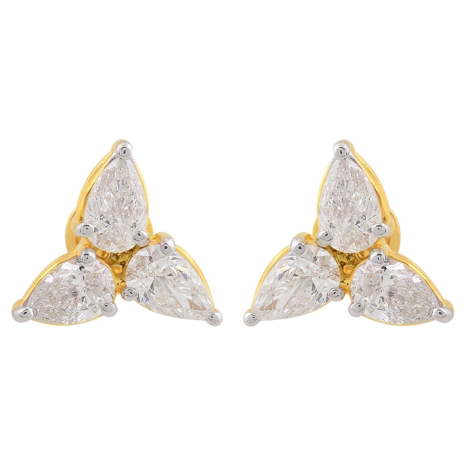 Natural 1.71 Carat SI/HI Pear Diamond Minimalist Stud Earrings 14k Yellow Gold