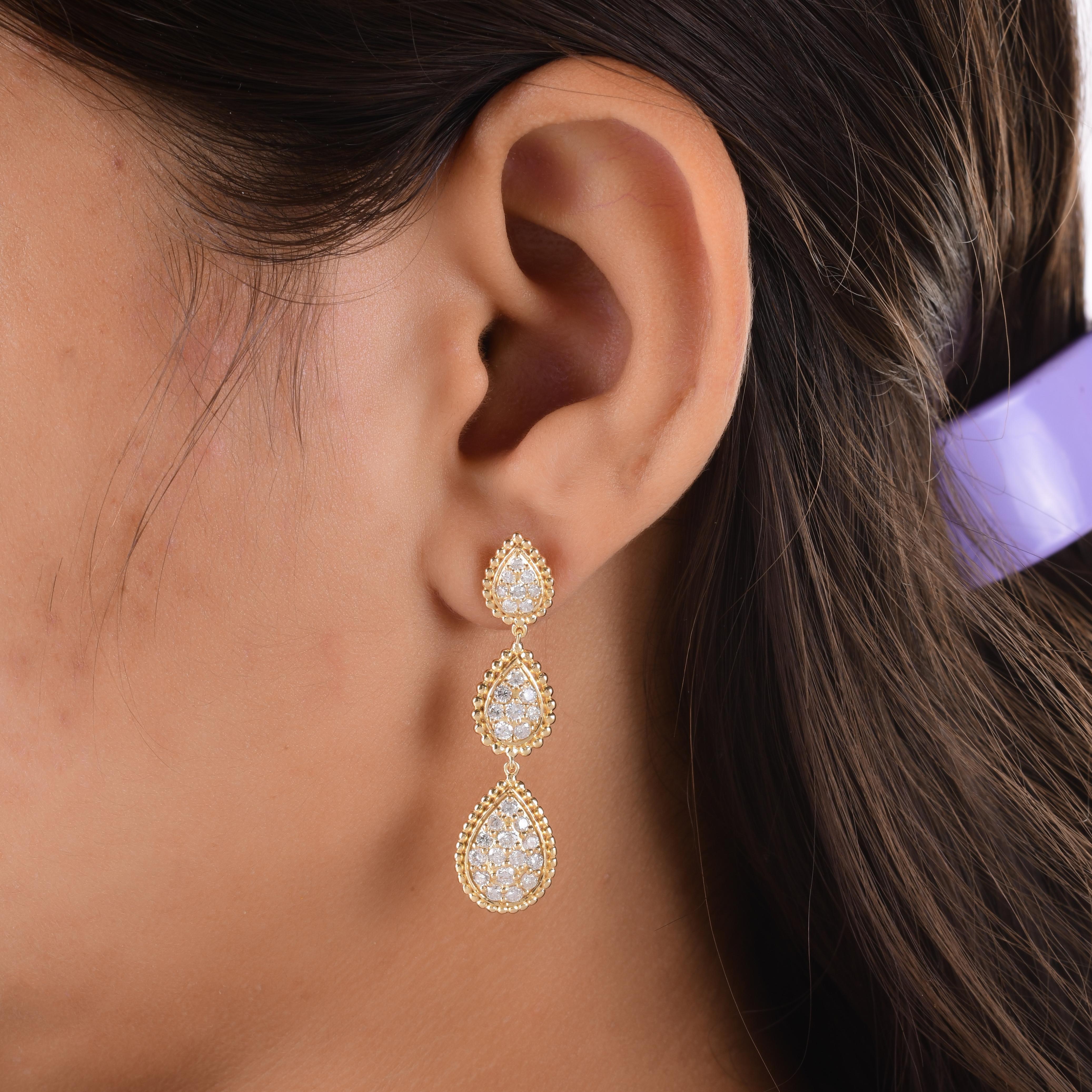 Modern Natural 1.75 Carat Diamond Pave Tear Drop Earrings 14 Karat Yellow Gold Jewelry For Sale