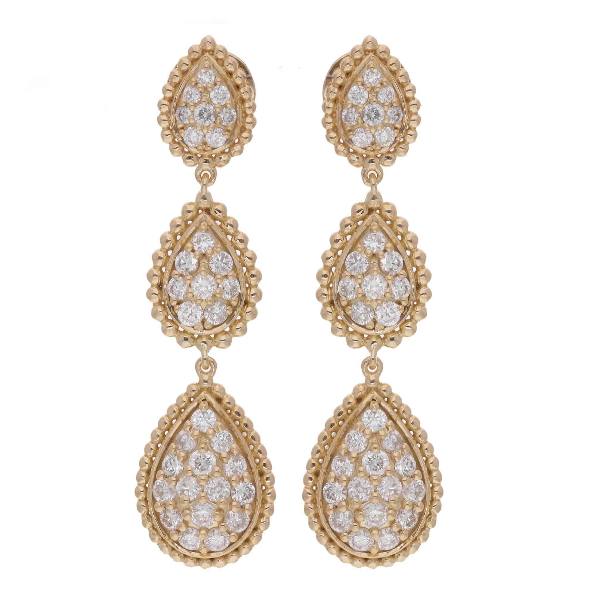 Round Cut Natural 1.75 Carat Diamond Pave Tear Drop Earrings 14 Karat Yellow Gold Jewelry For Sale