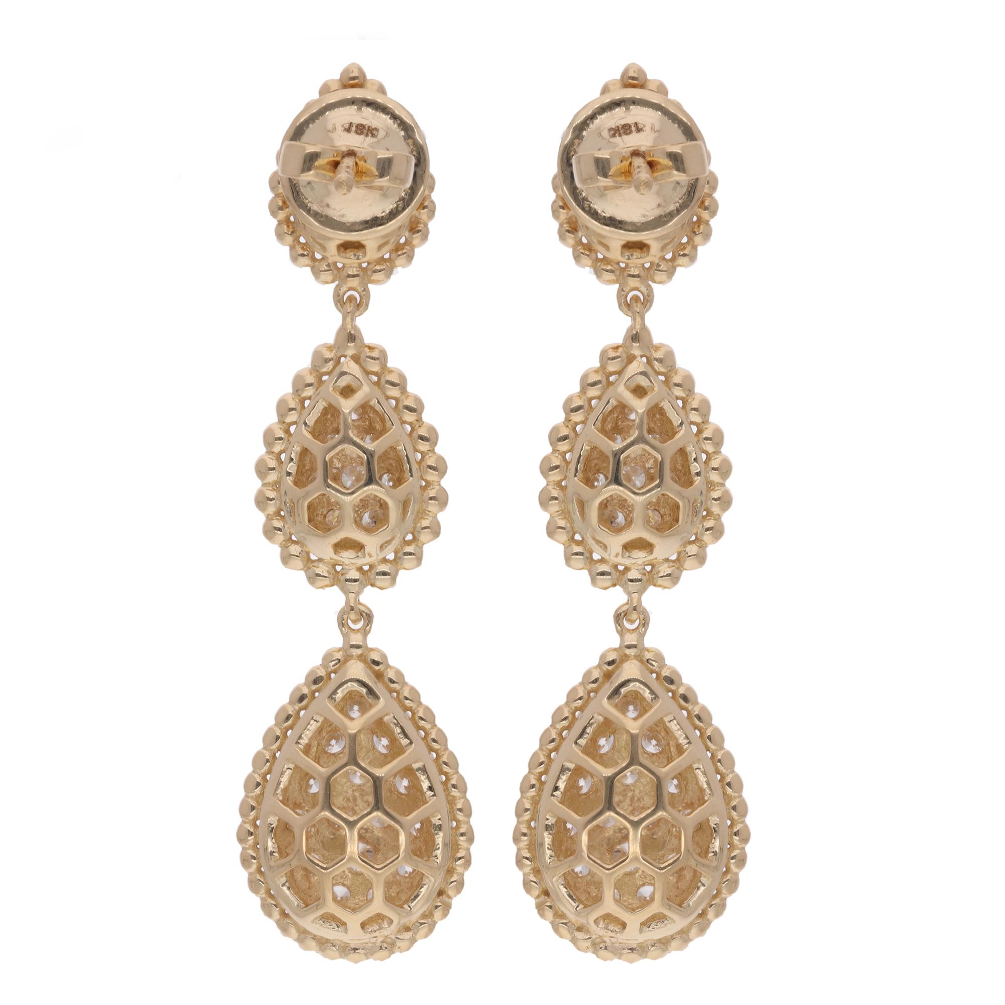 Women's Natural 1.75 Carat Diamond Pave Tear Drop Earrings 14 Karat Yellow Gold Jewelry For Sale