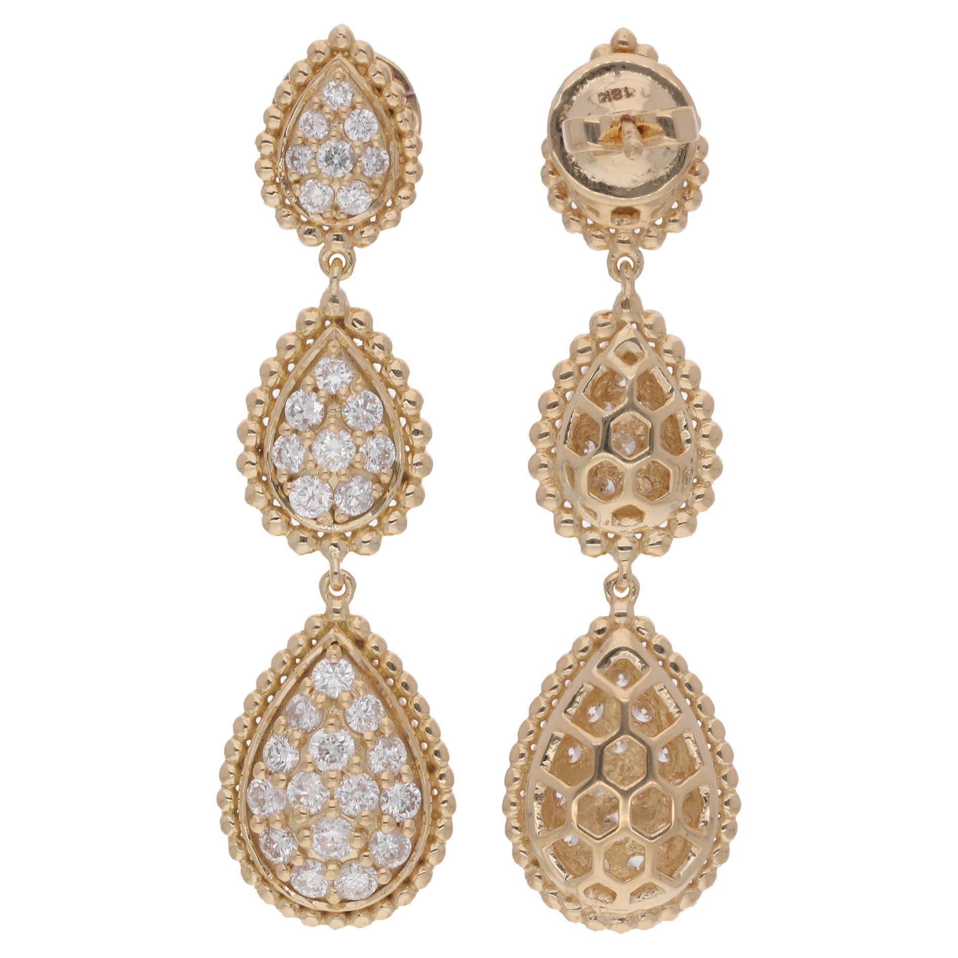 Natural 1.75 Carat Diamond Pave Tear Drop Earrings 14 Karat Yellow Gold Jewelry